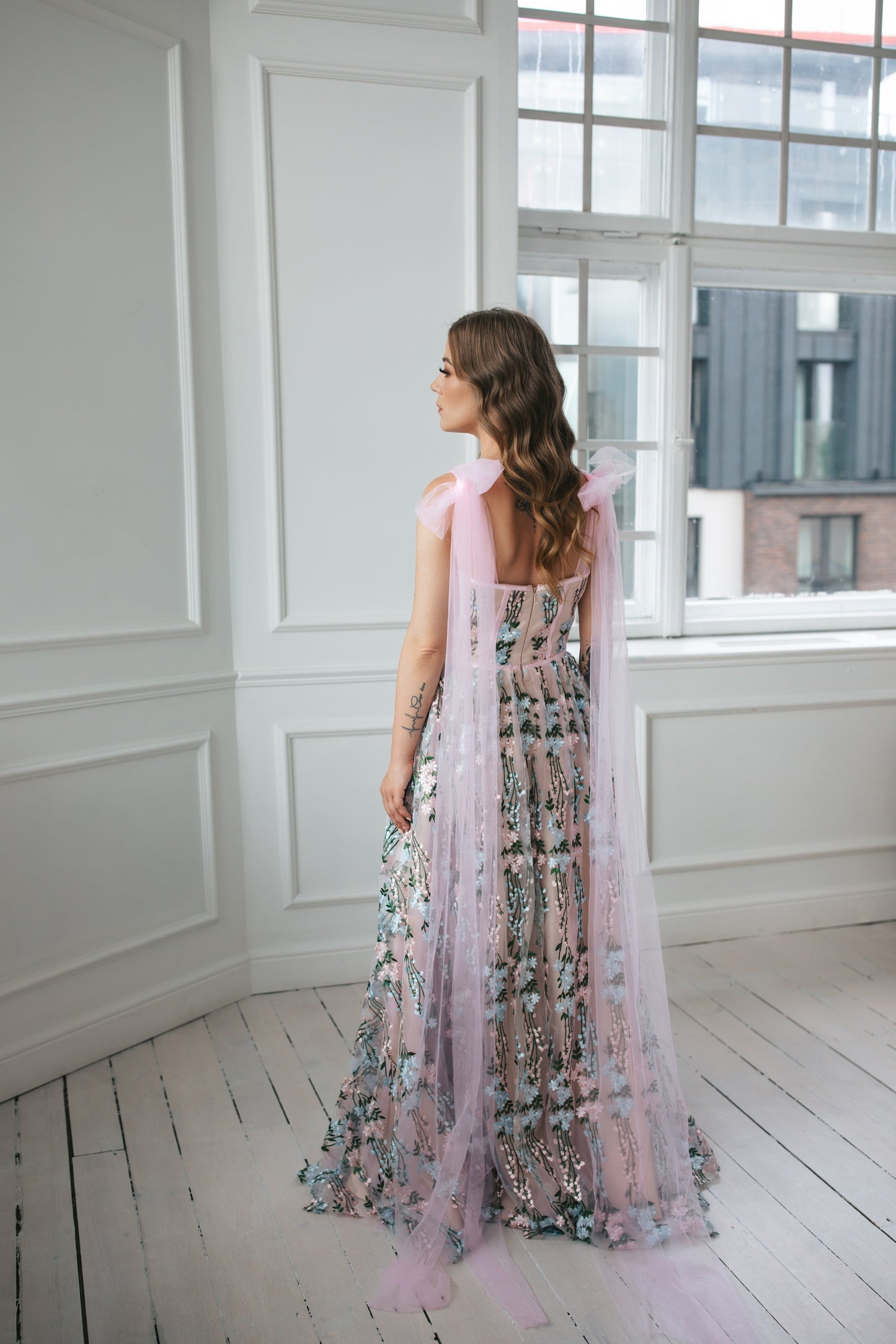 Floral Gown With Bow Ties