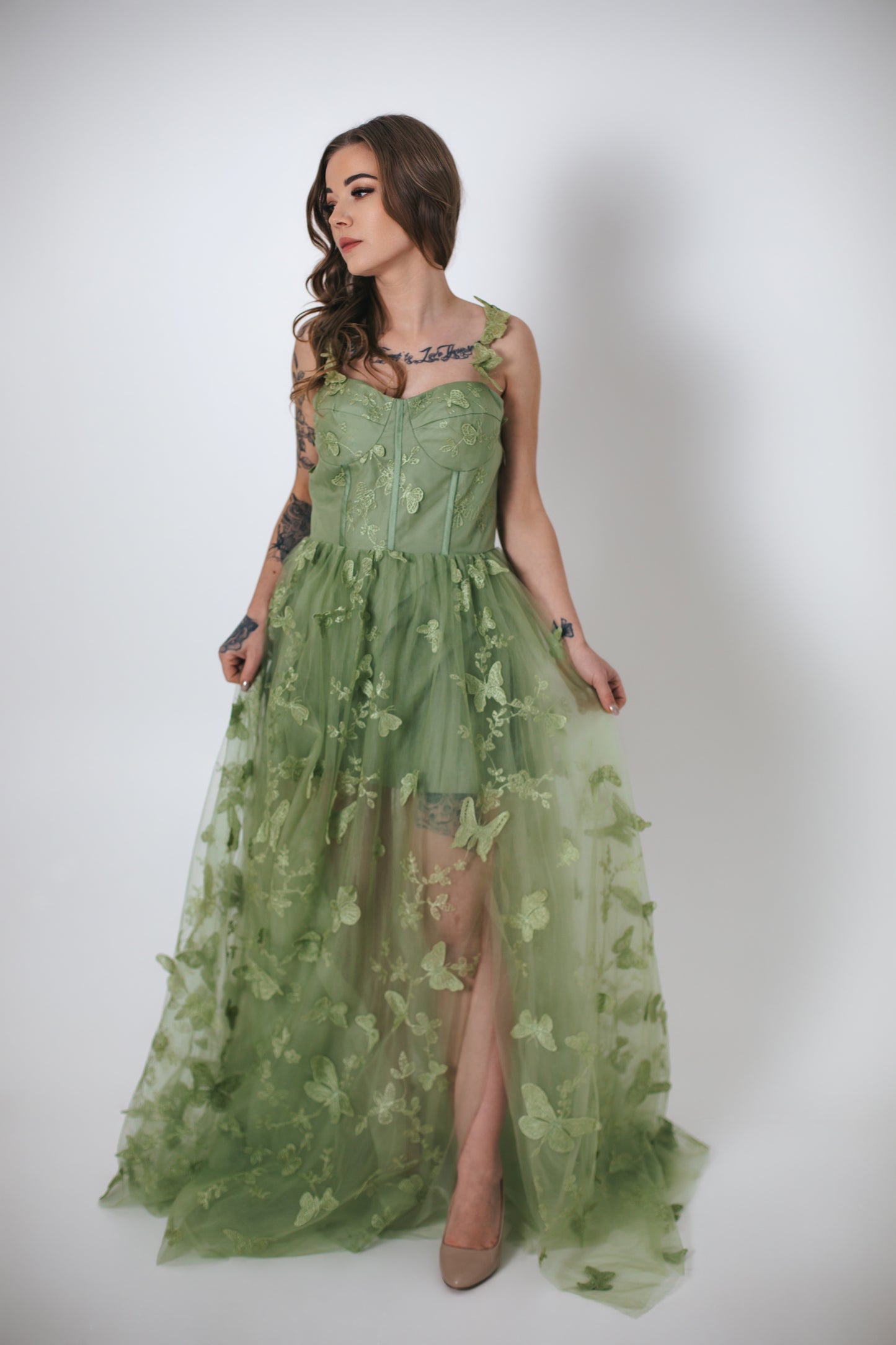 Green Tulle Dress With Butterflies