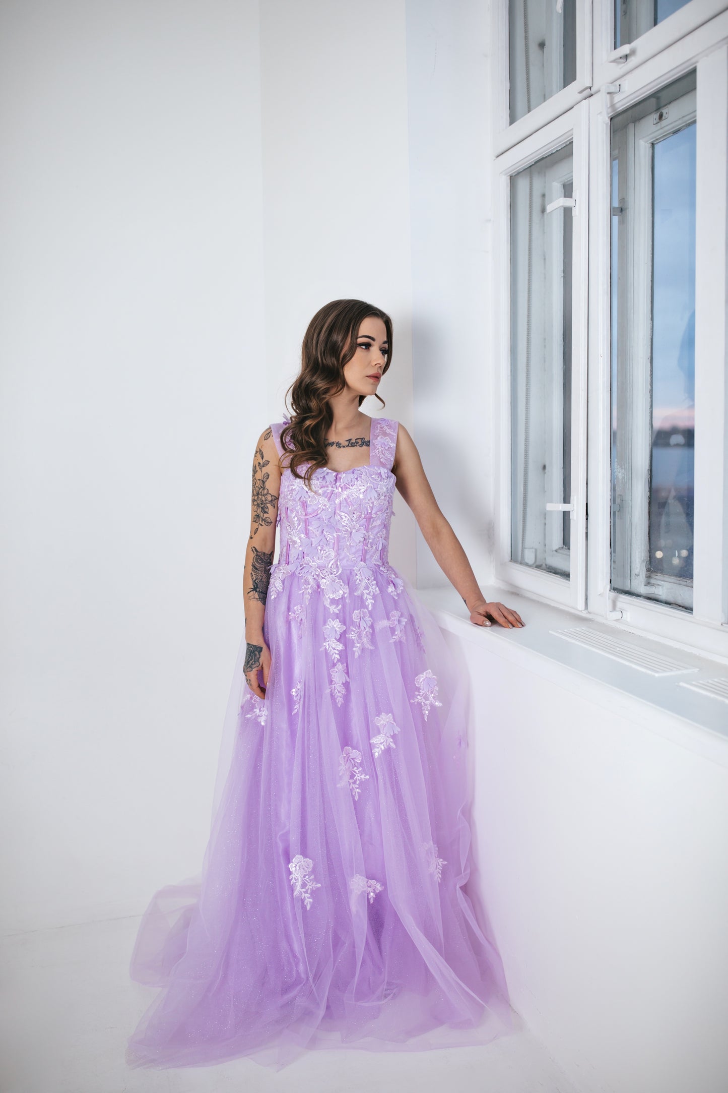 Lilac Gown With Flowers And Glitter