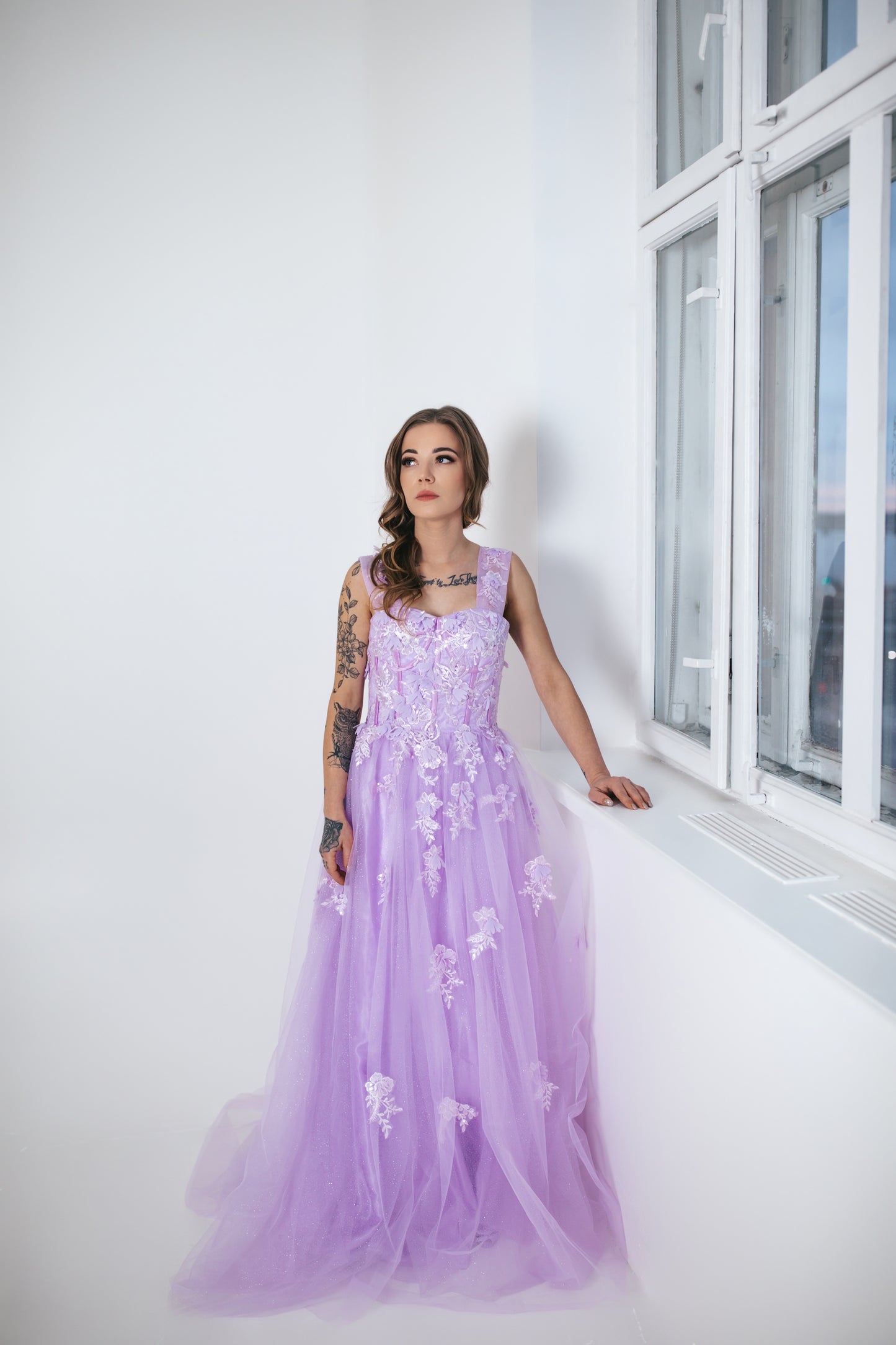 Lilac Gown With Flowers And Glitter