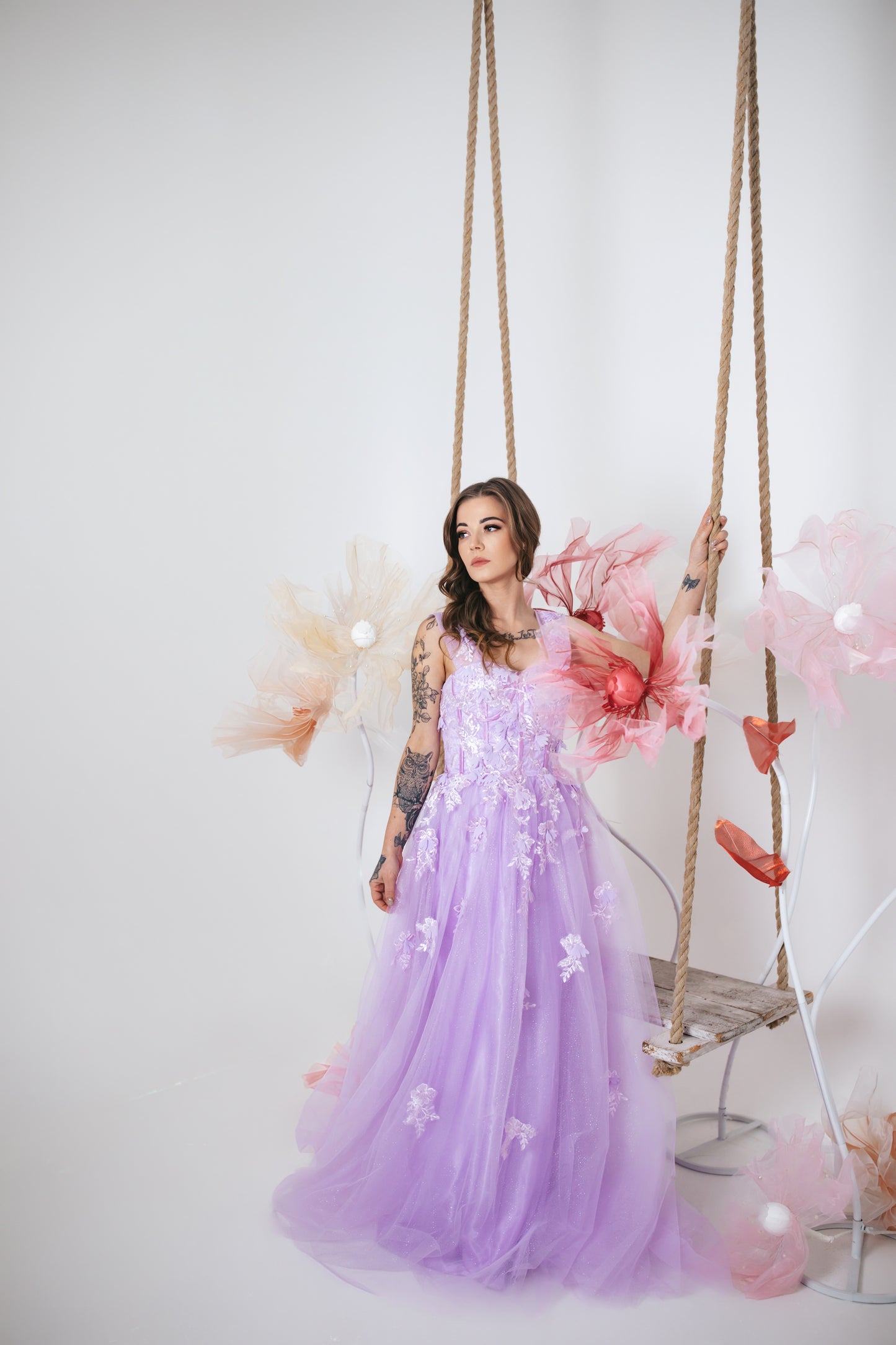Lilac Gown With Flowers And Glitter