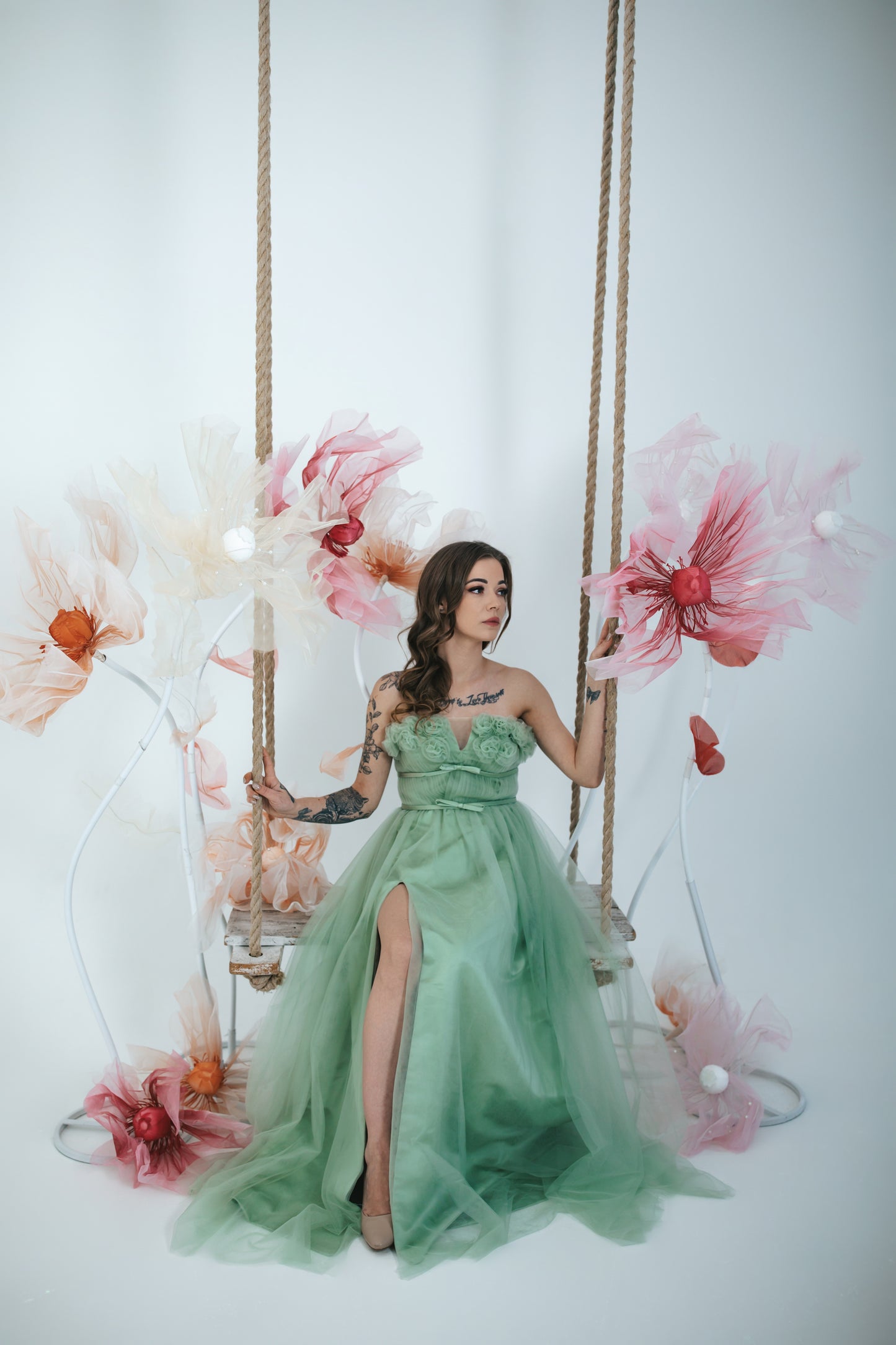Green Tulle Dress With Flowers