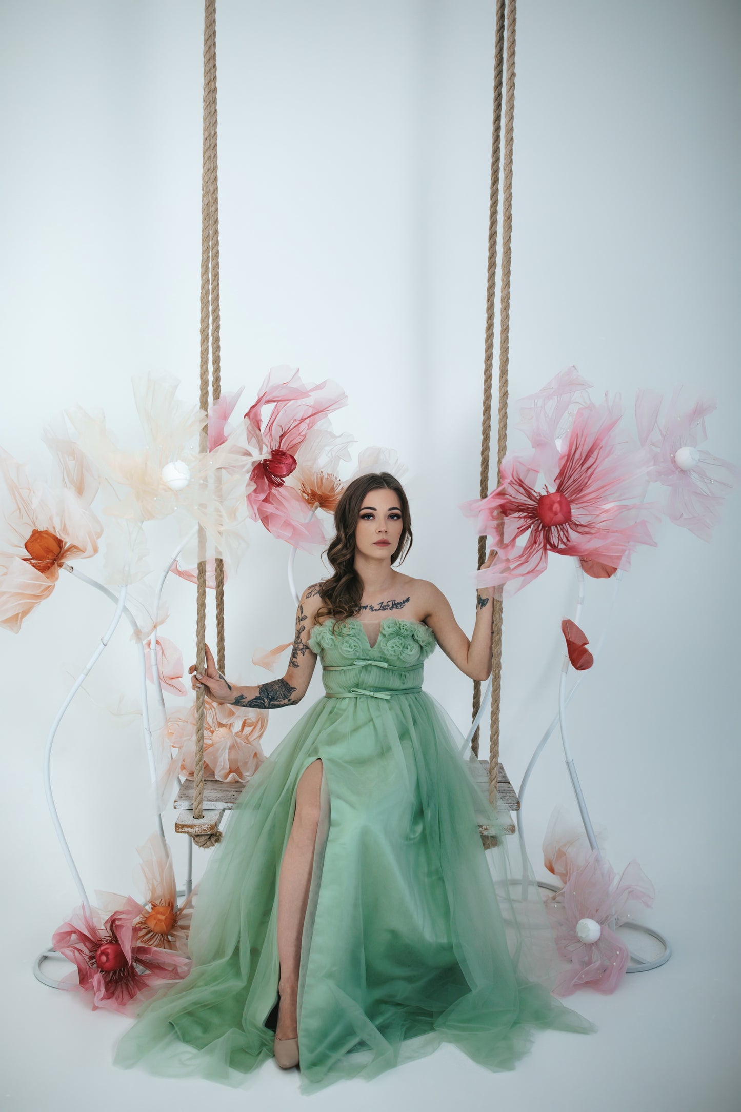 Green Tulle Dress With Flowers