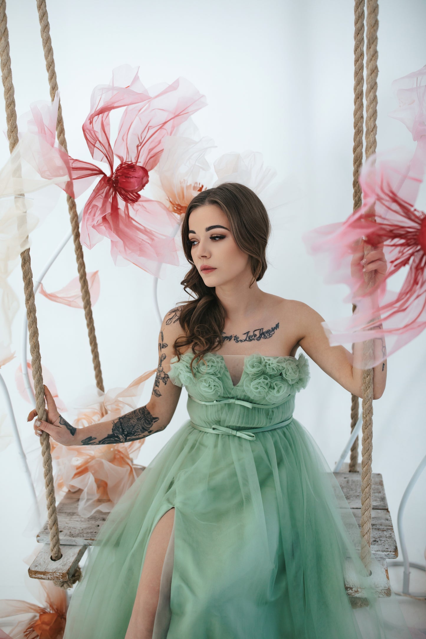 Green Tulle Dress With Flowers
