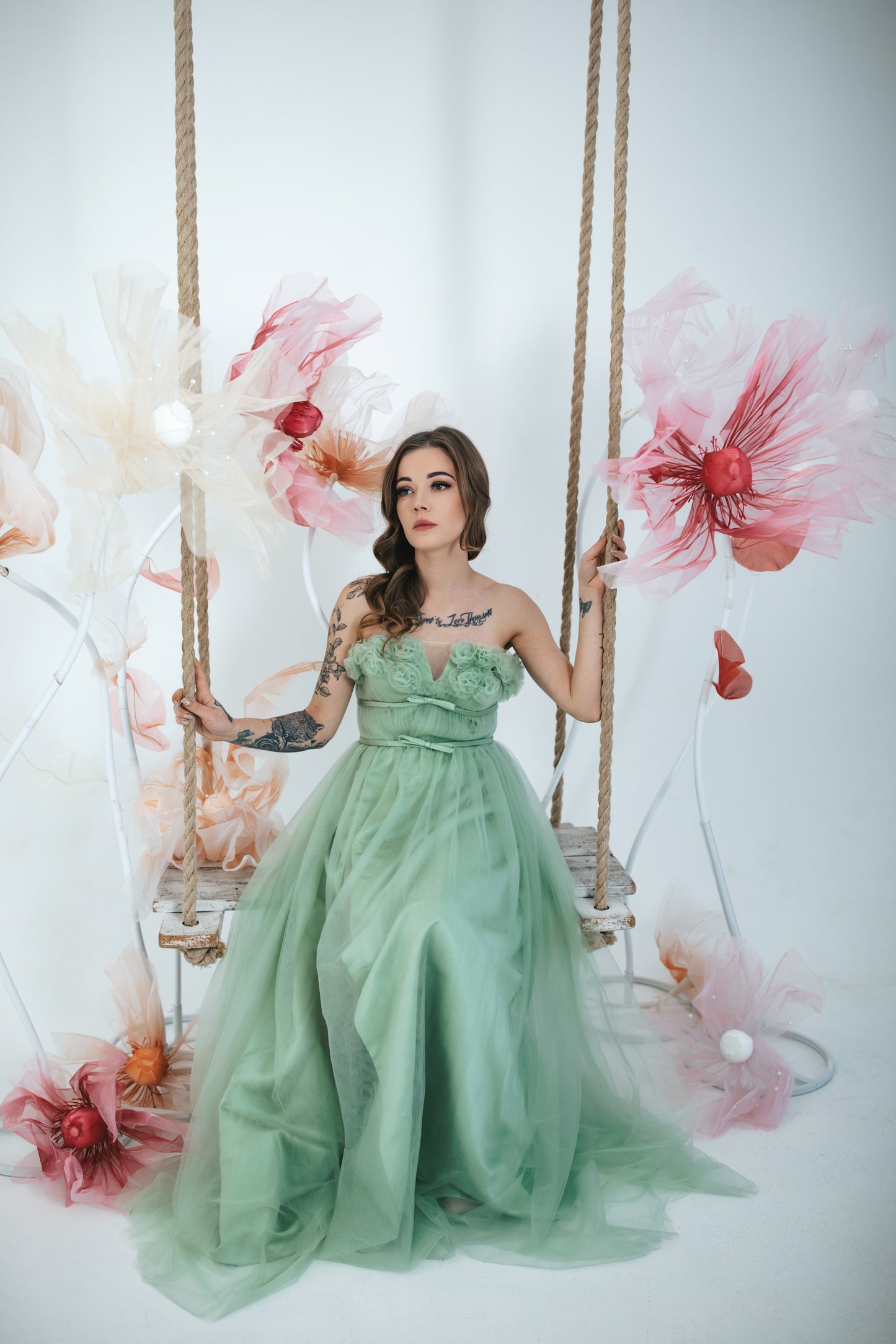Green Tulle Dress With Flowers