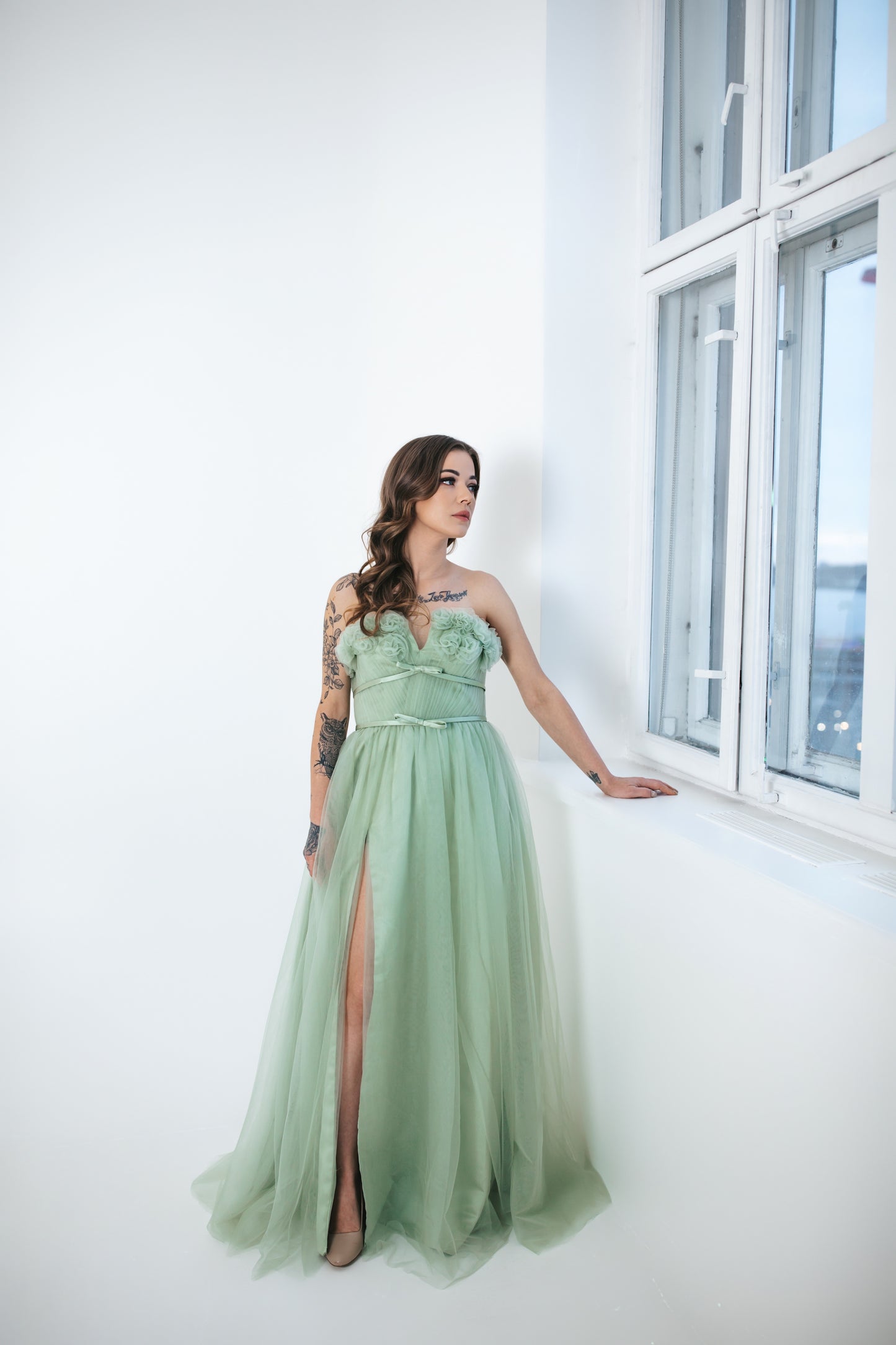 Green Tulle Dress With Flowers