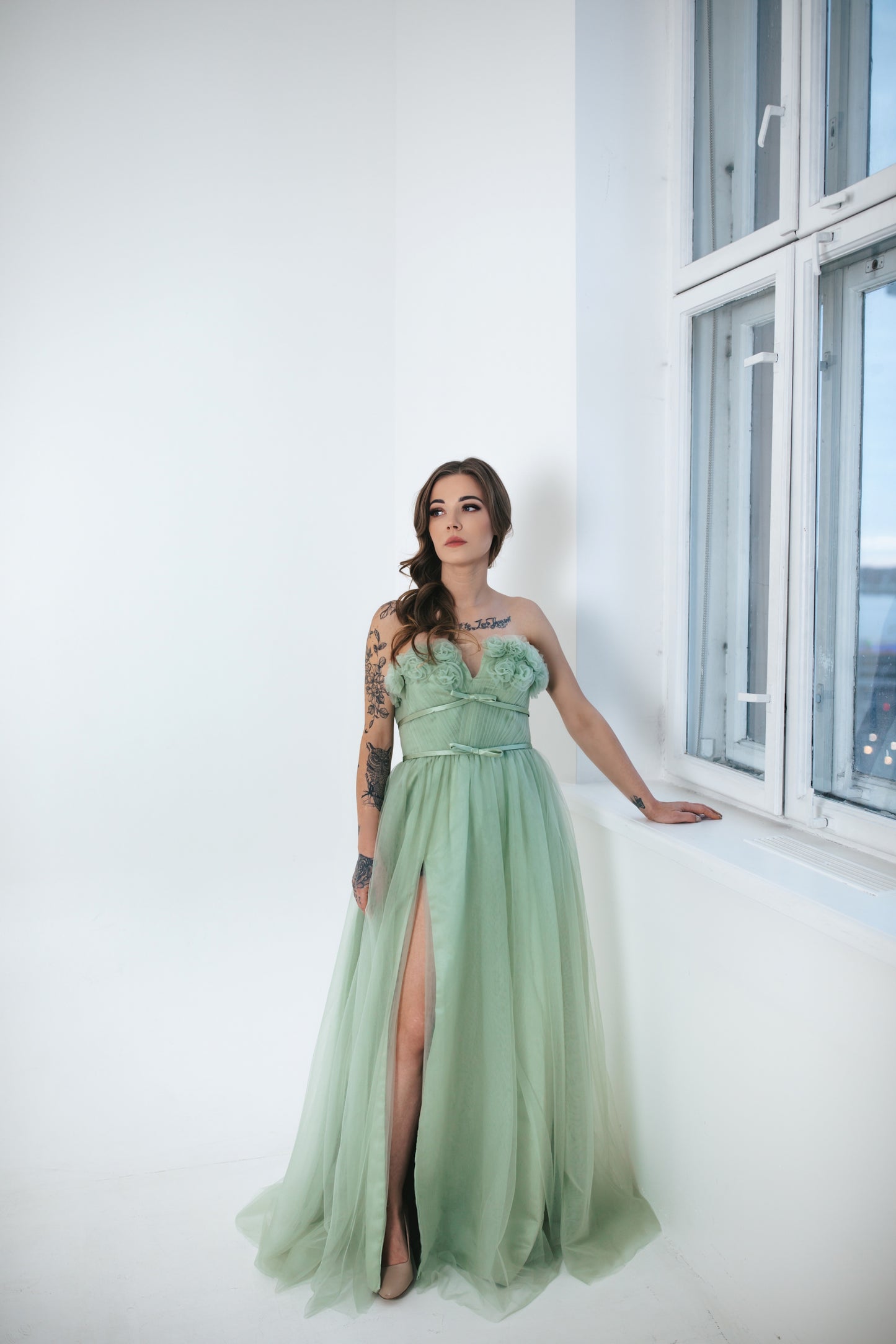 Green Tulle Dress With Flowers