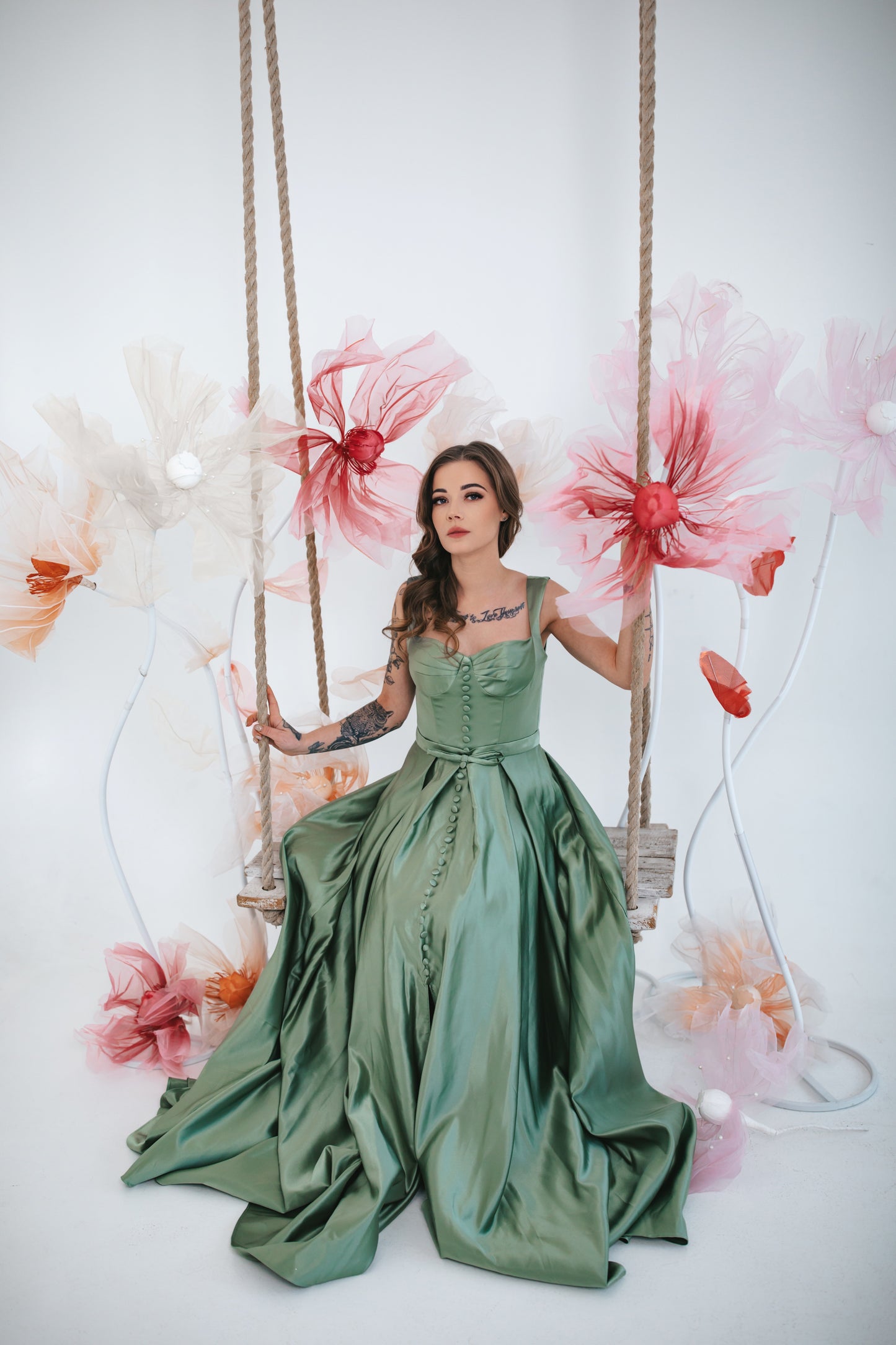 Green Satin Dress With Buttons