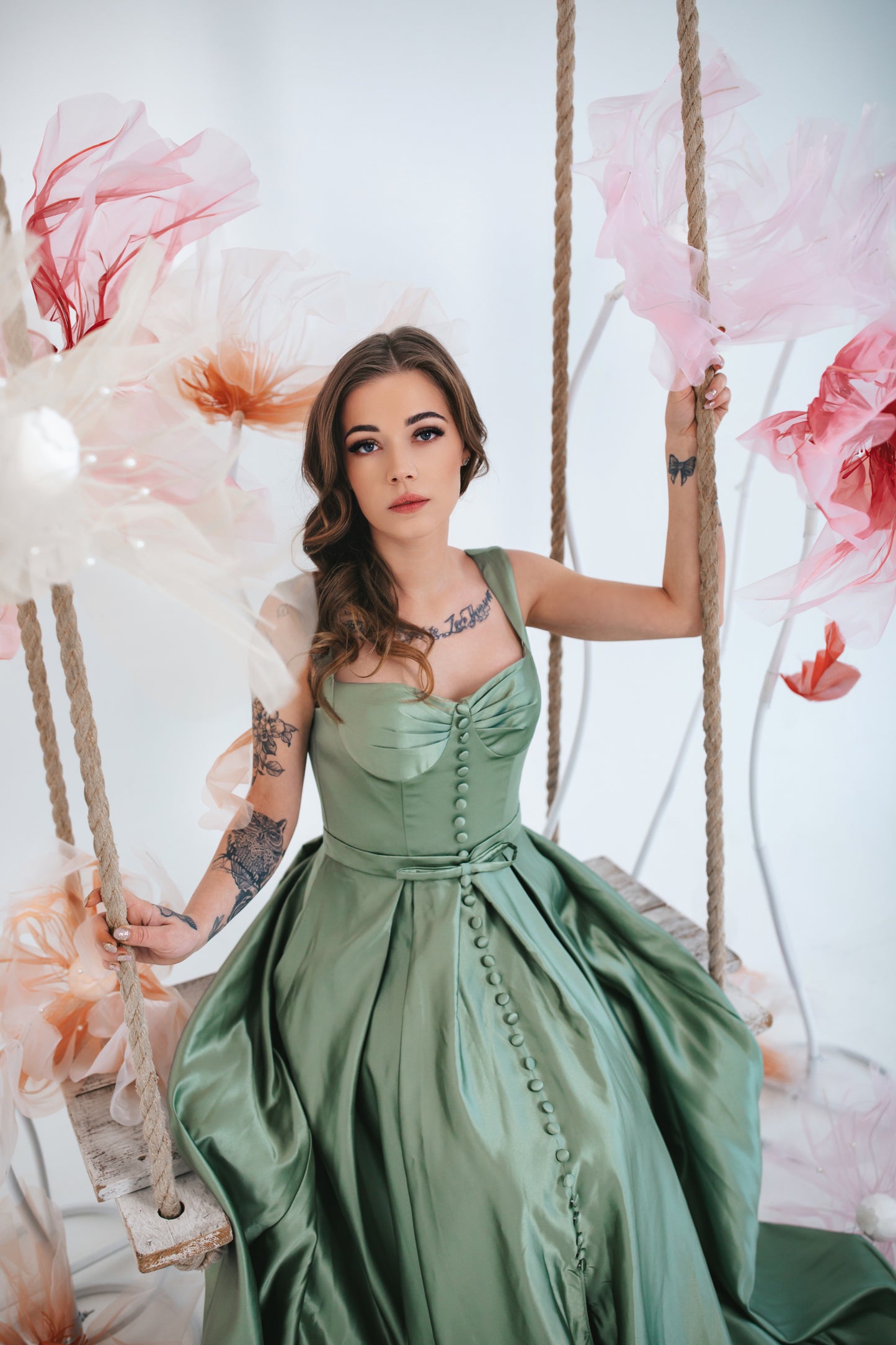 Green Satin Dress With Buttons