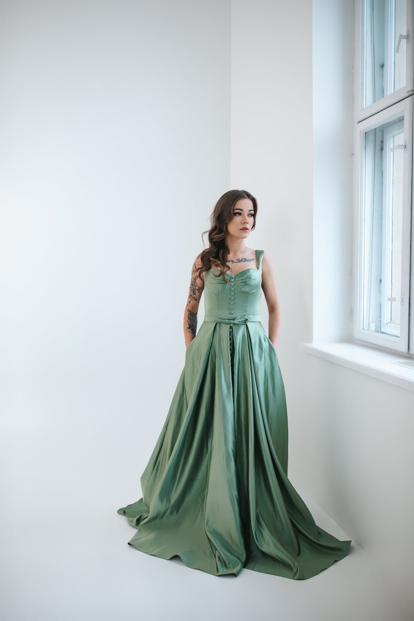 Green Satin Dress With Buttons