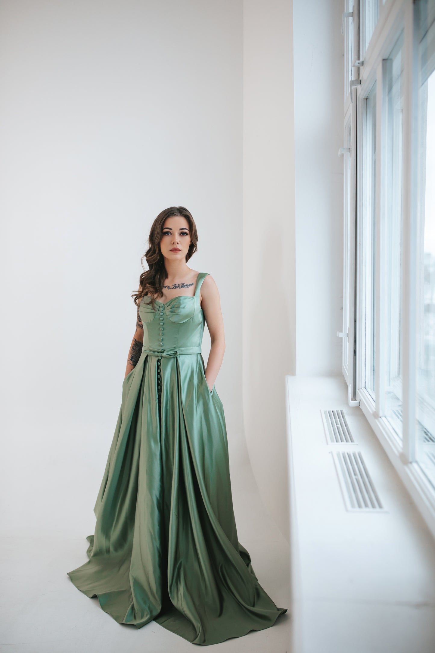Green Satin Dress With Buttons