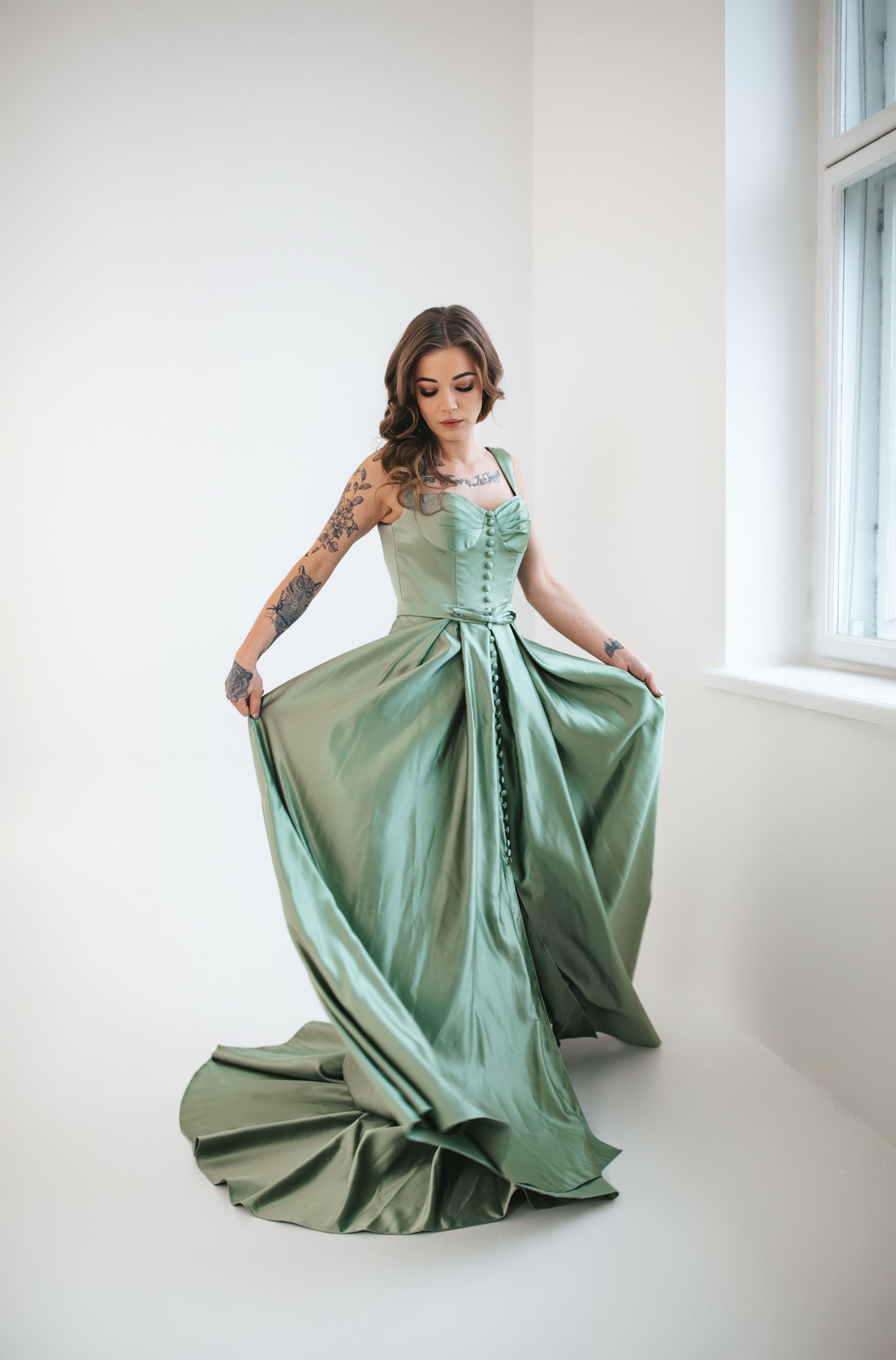 Green Satin Dress With Buttons