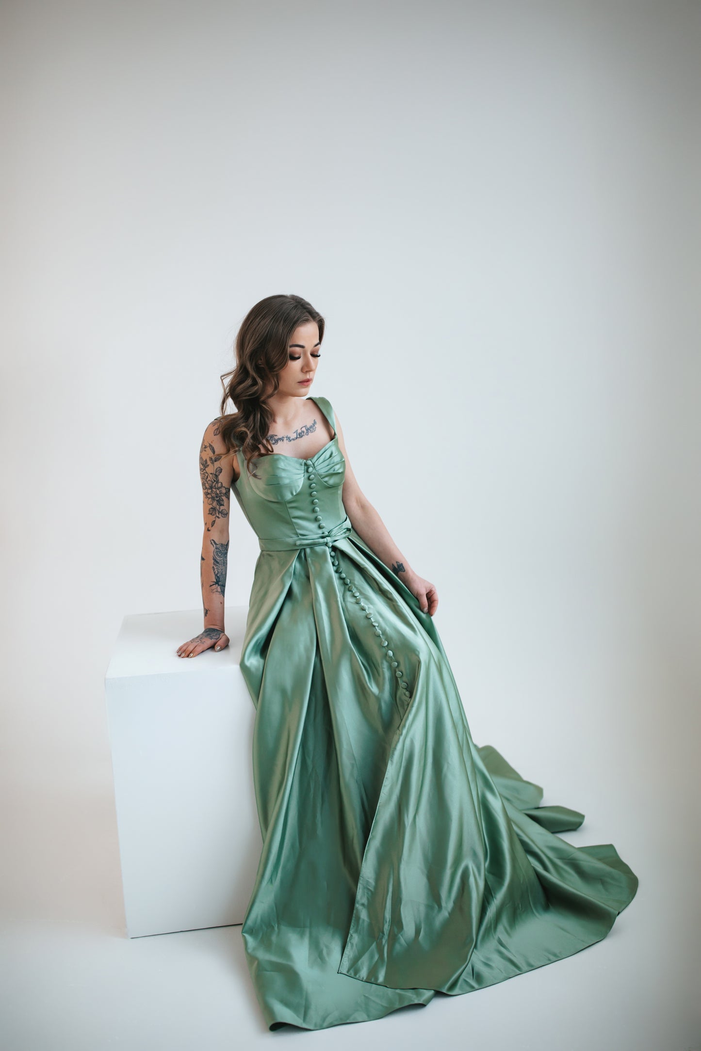 Green Satin Dress With Buttons
