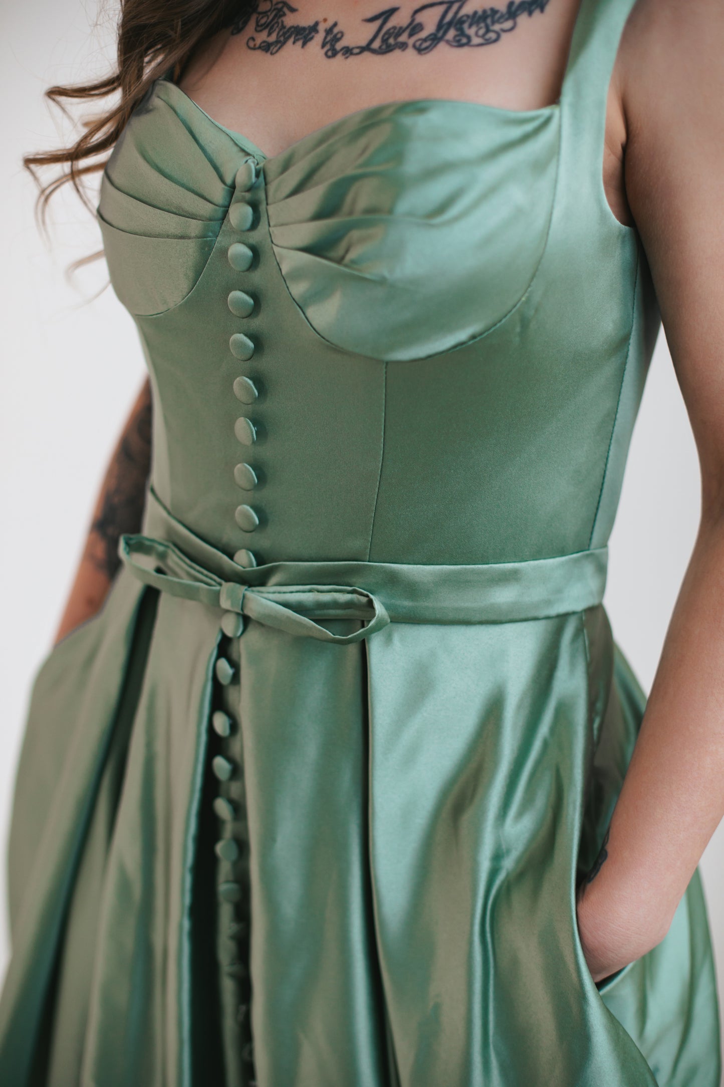 Green Satin Dress With Buttons
