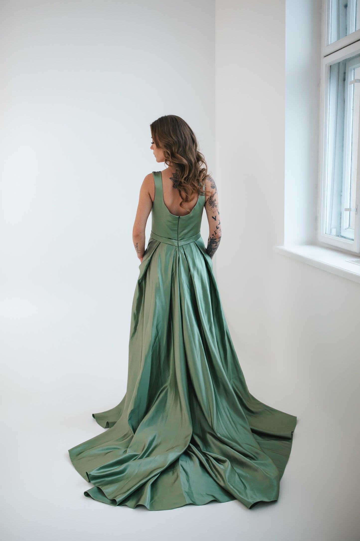 Green Satin Dress With Buttons