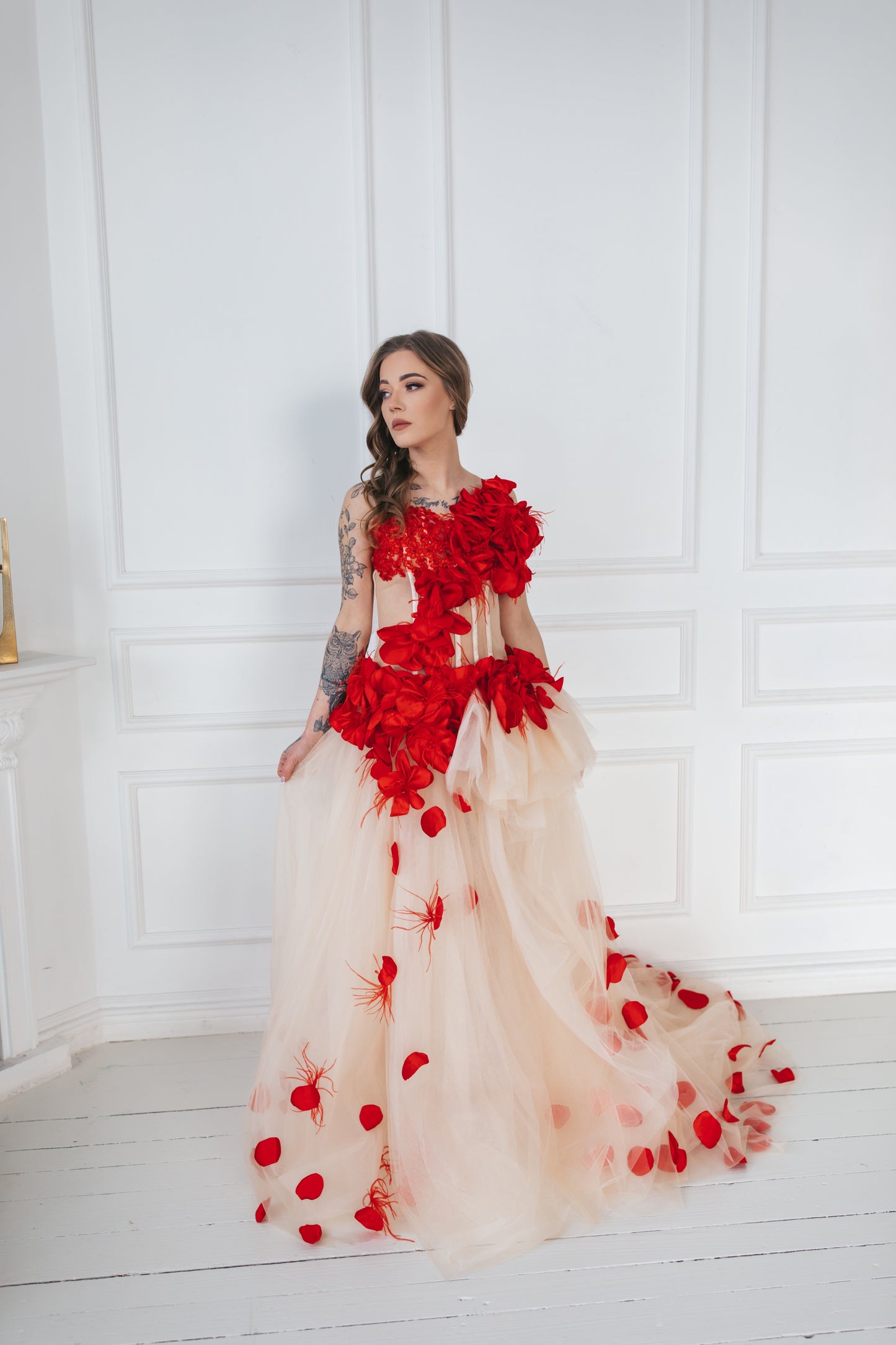 Red Gown With Feathers And Roses
