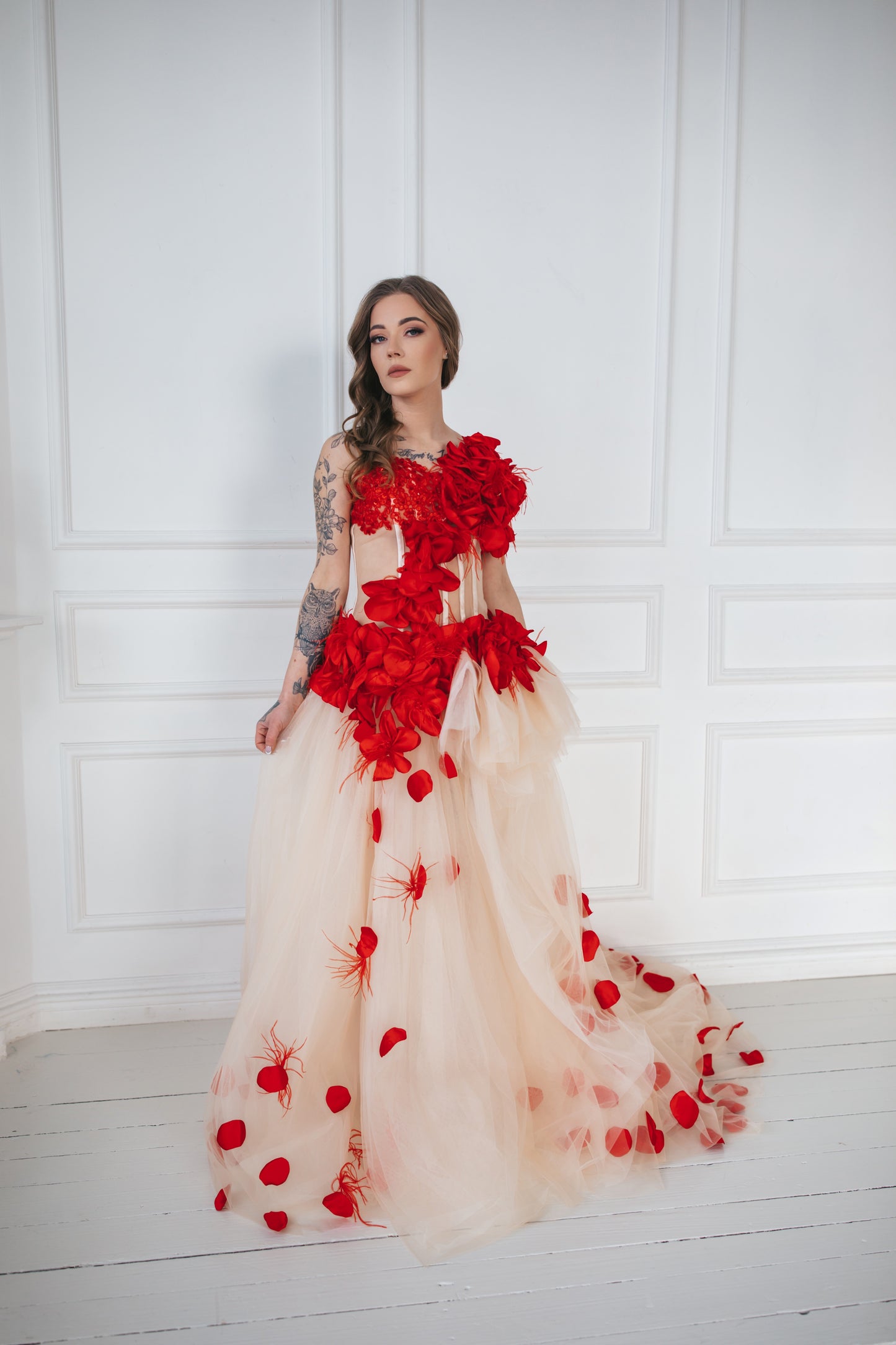 Red Gown With Feathers And Roses