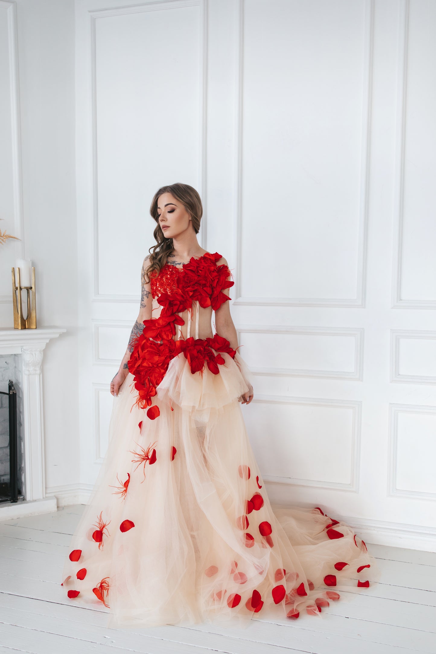 Red Gown With Feathers And Roses