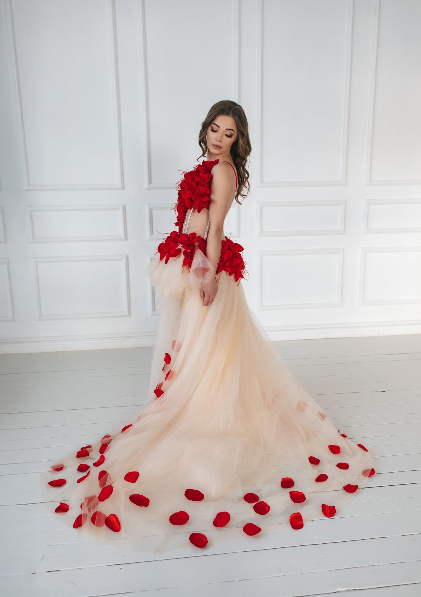 Red Gown With Feathers And Roses