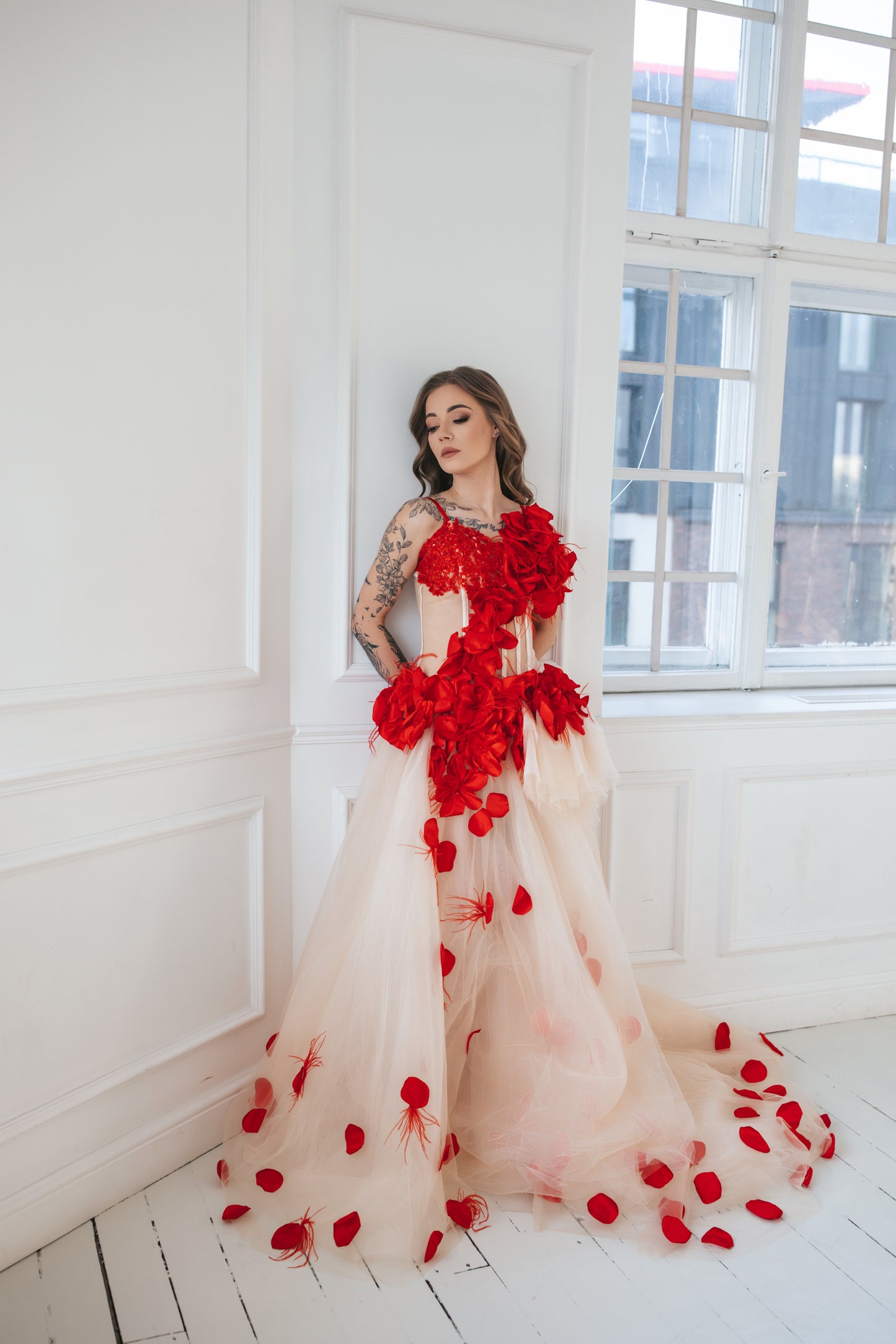 Red Gown With Feathers And Roses