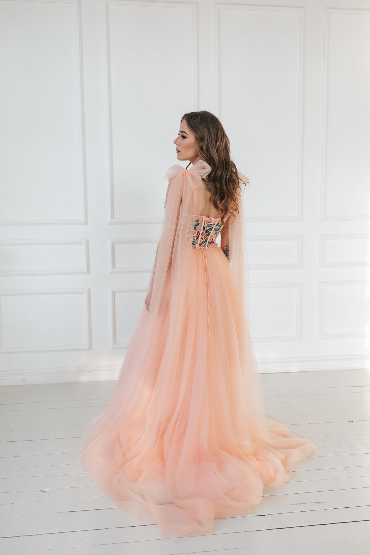 Floral Pink Gown With Bow Ties