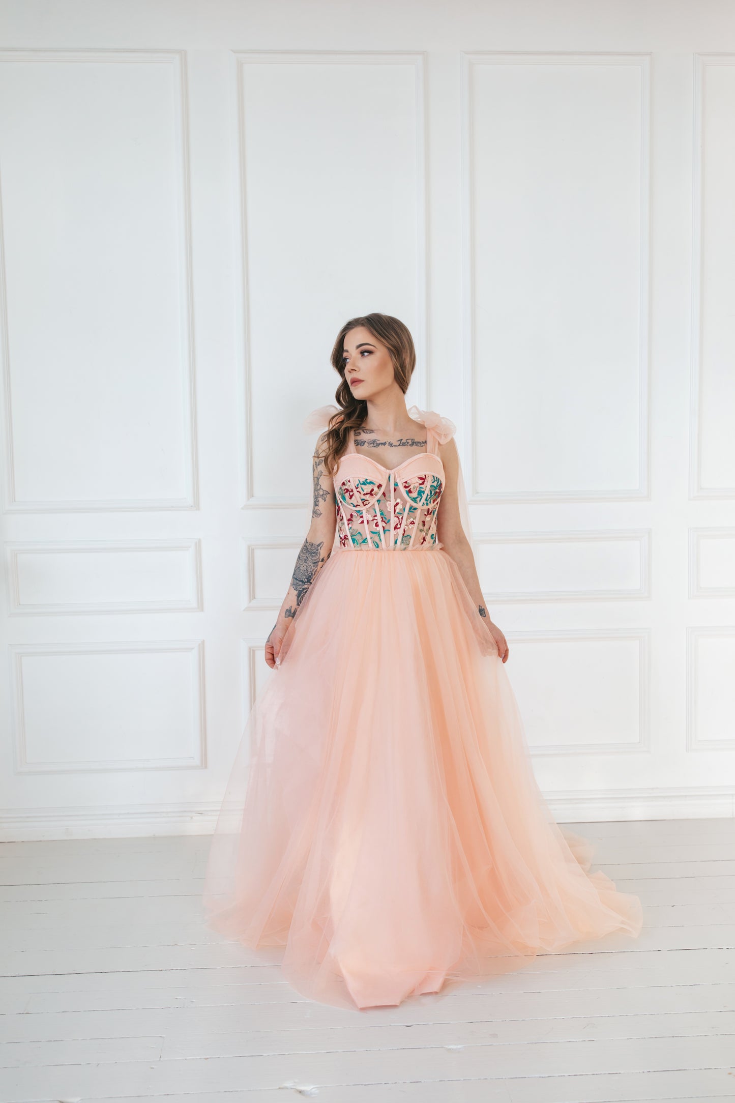 Floral Pink Gown With Bow Ties