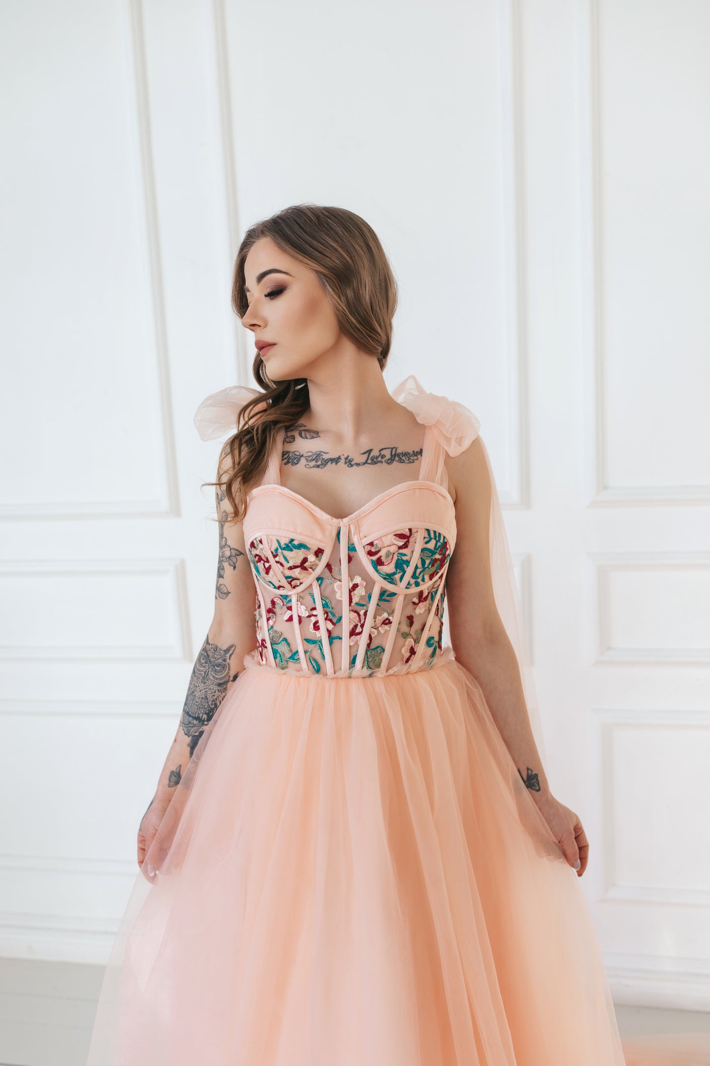 Floral Pink Gown With Bow Ties