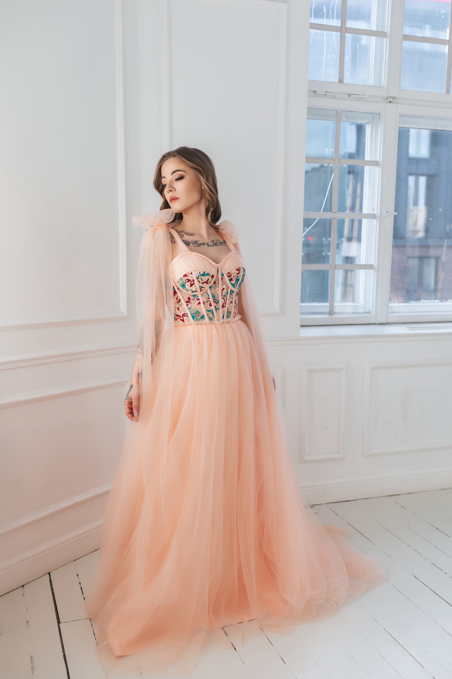 Floral Pink Gown With Bow Ties