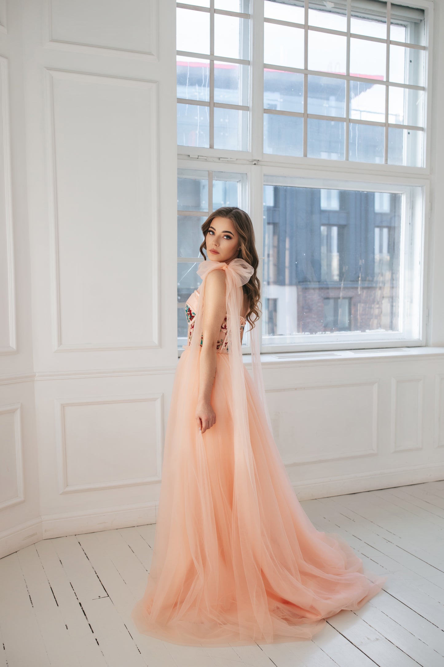 Floral Pink Gown With Bow Ties