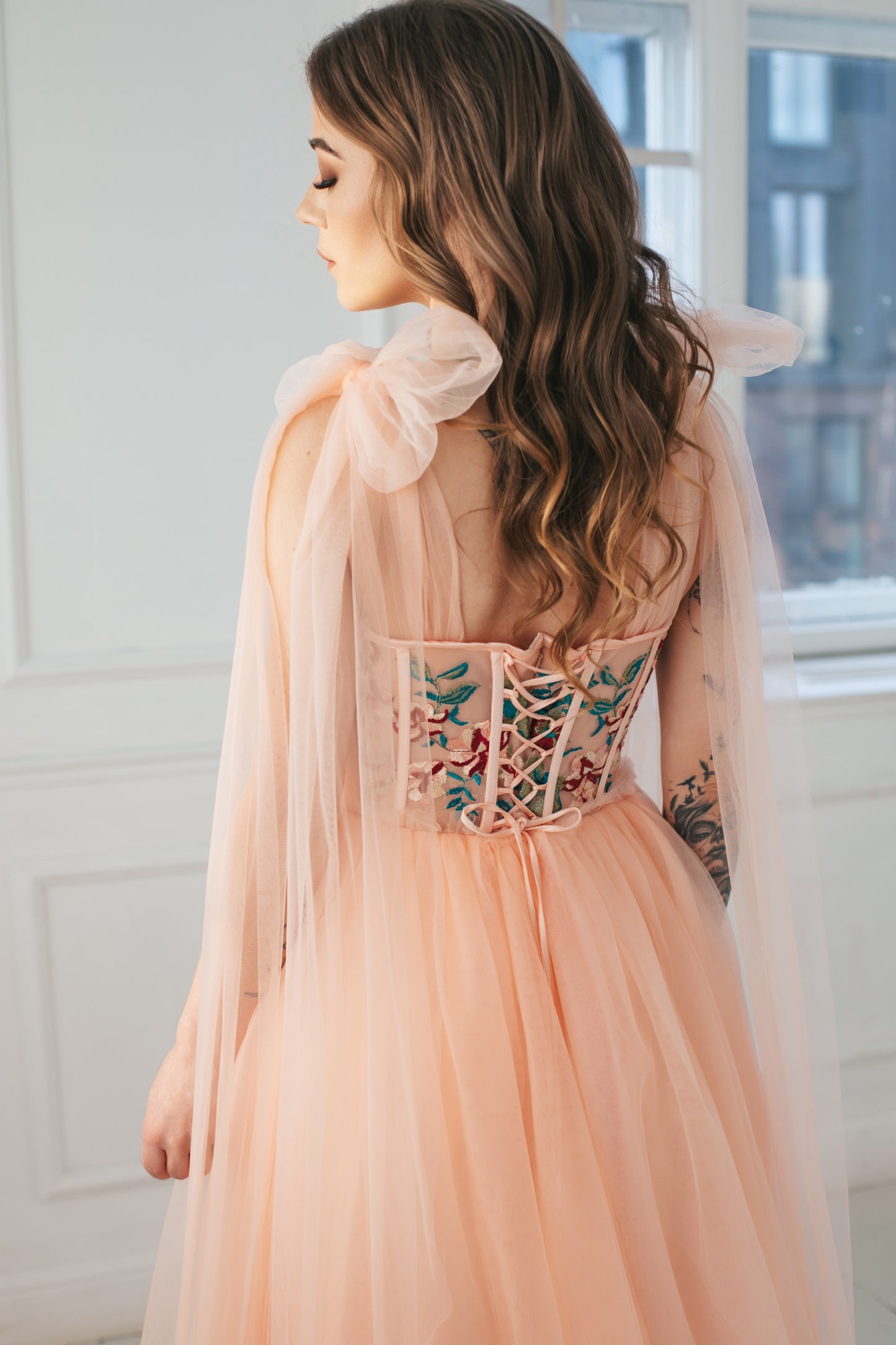 Floral Pink Gown With Bow Ties