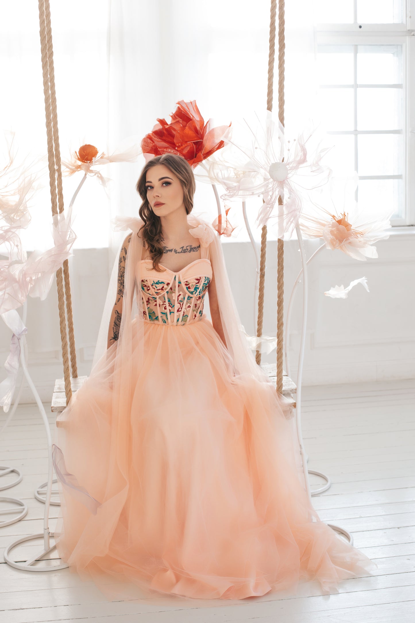Floral Pink Gown With Bow Ties