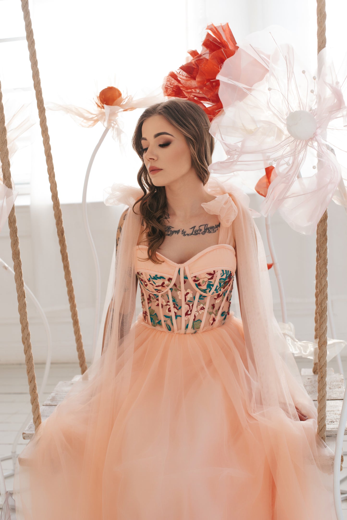 Floral Pink Gown With Bow Ties