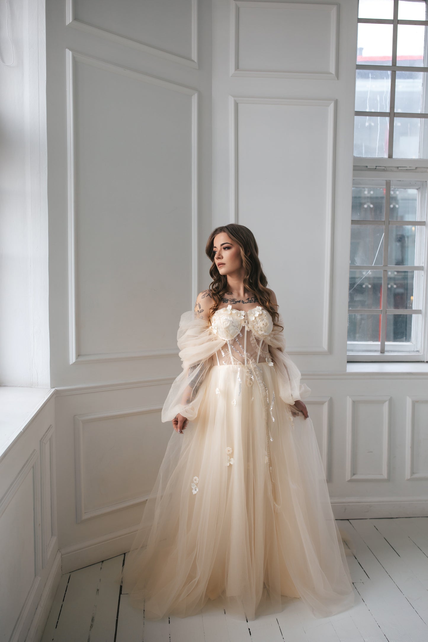Romantic Champagne Gown With Flowers