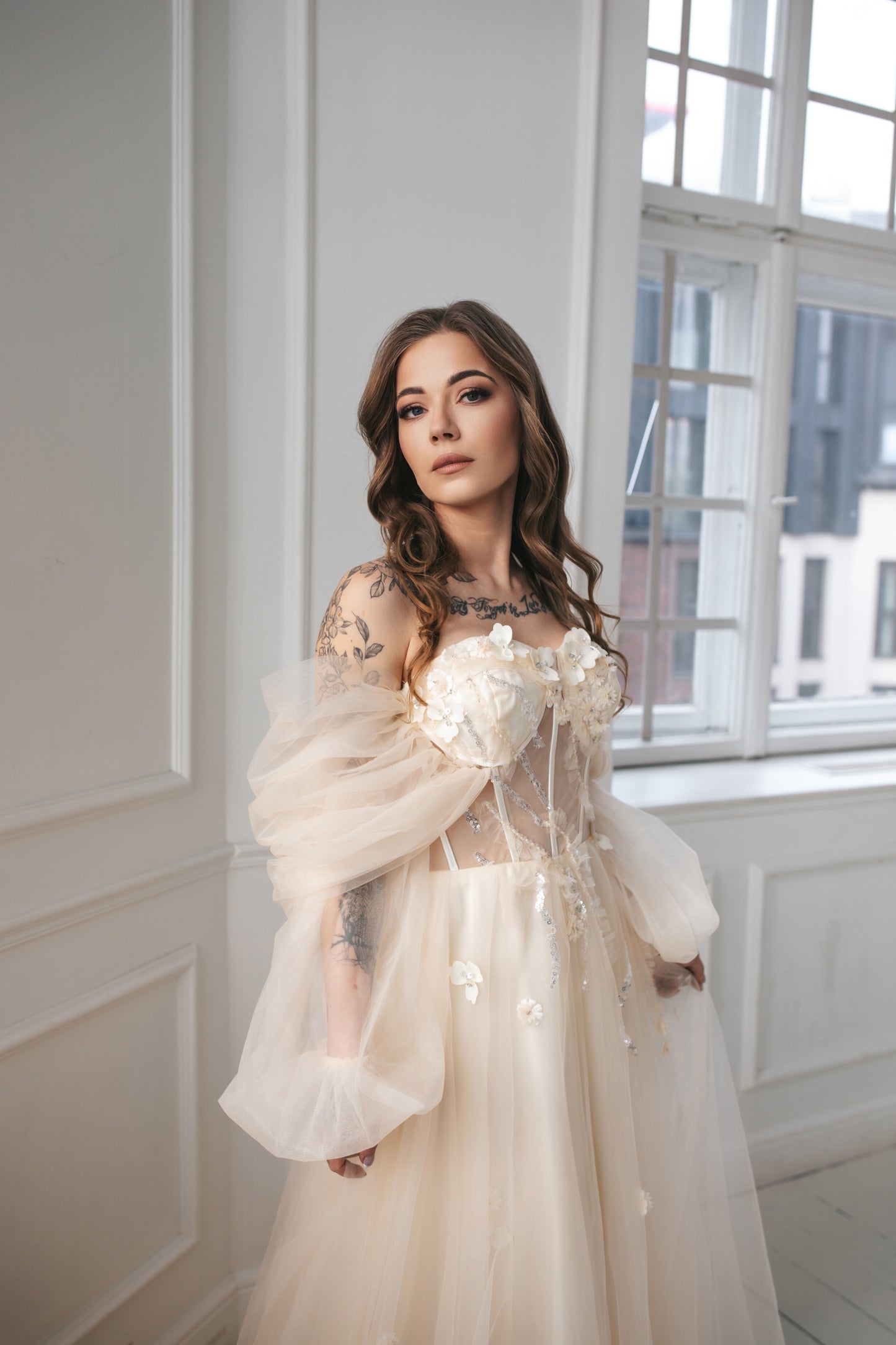 Romantic Champagne Gown With Flowers