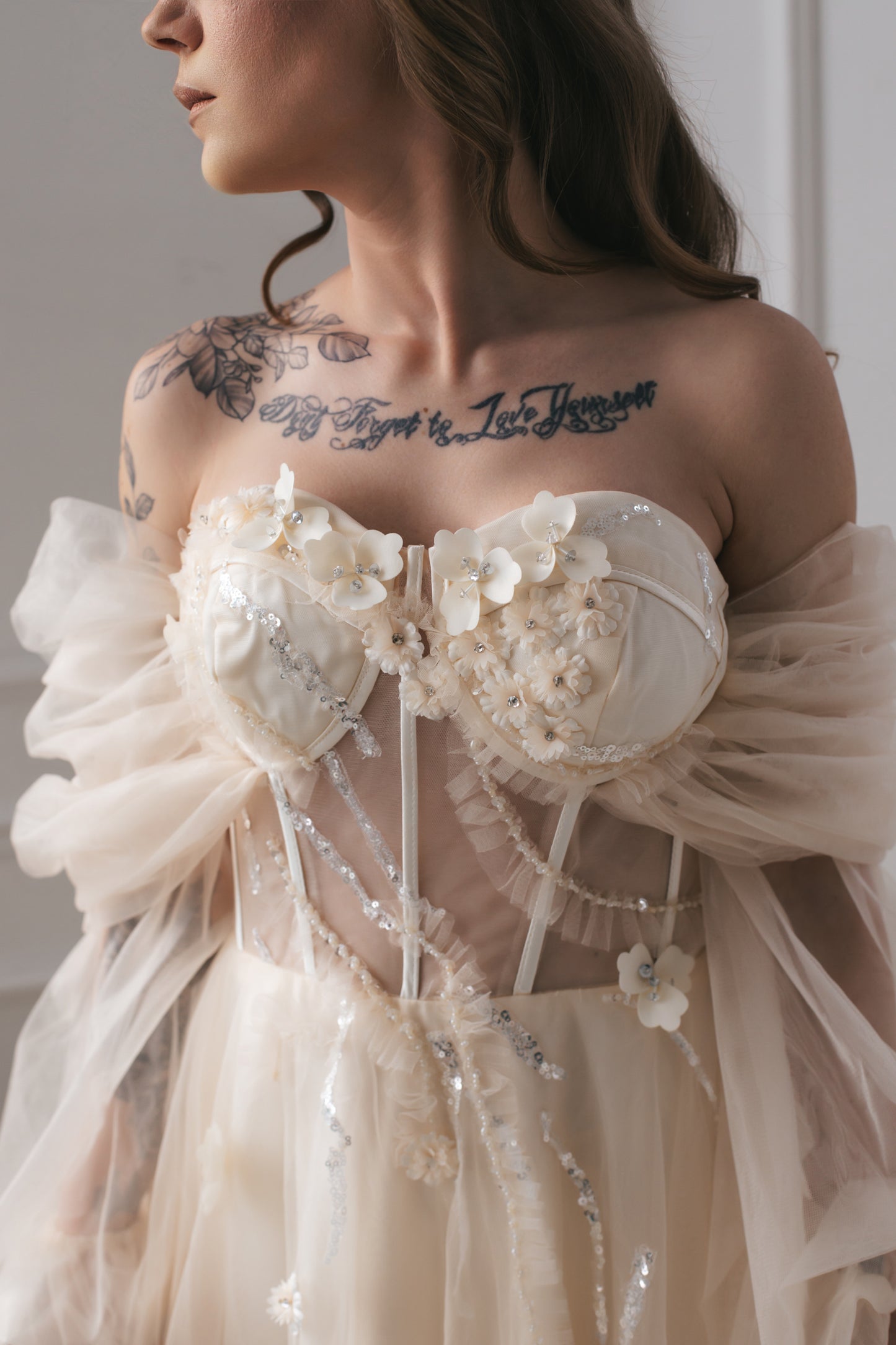 Romantic Champagne Gown With Flowers