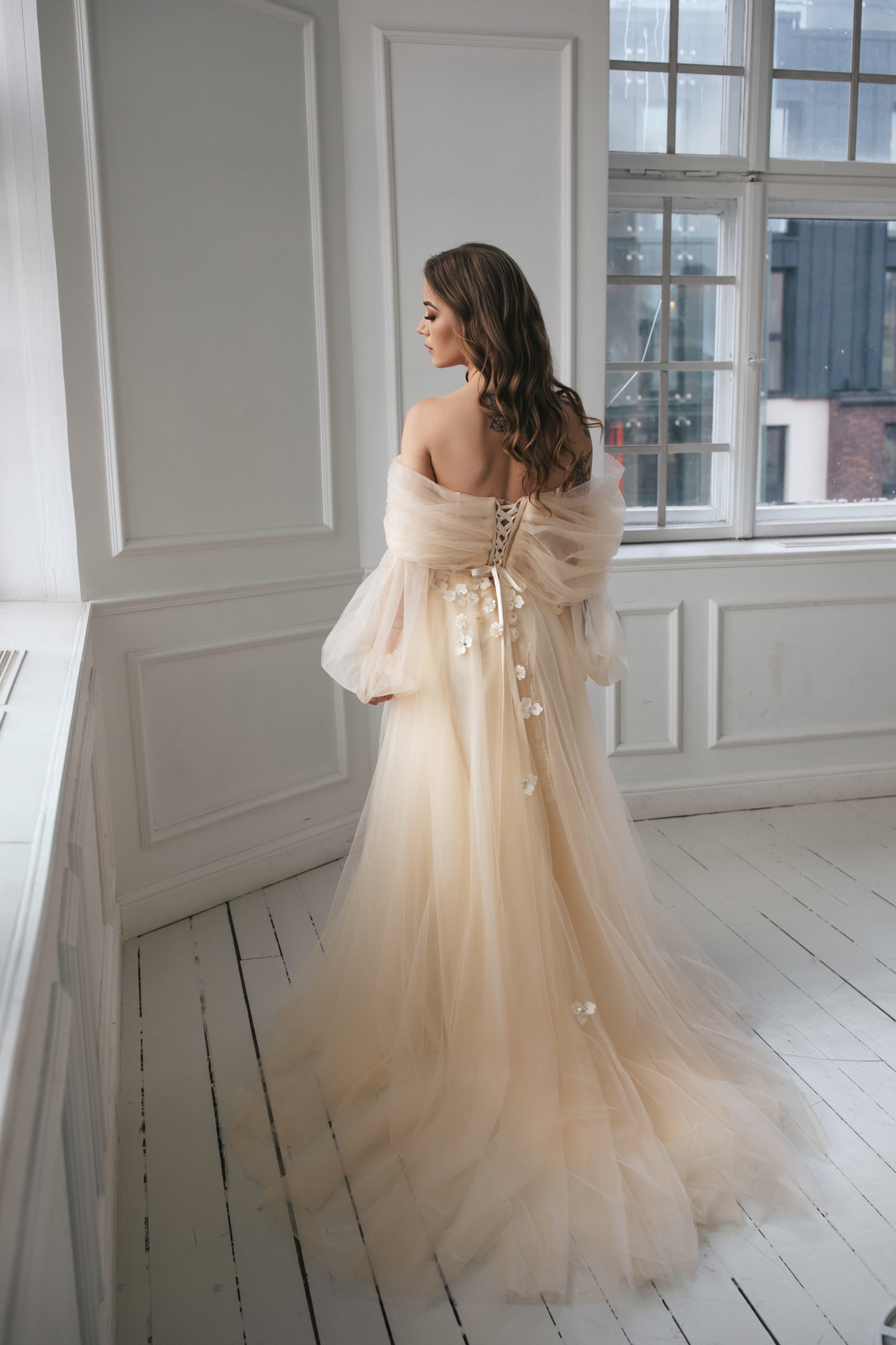 Romantic Champagne Gown With Flowers