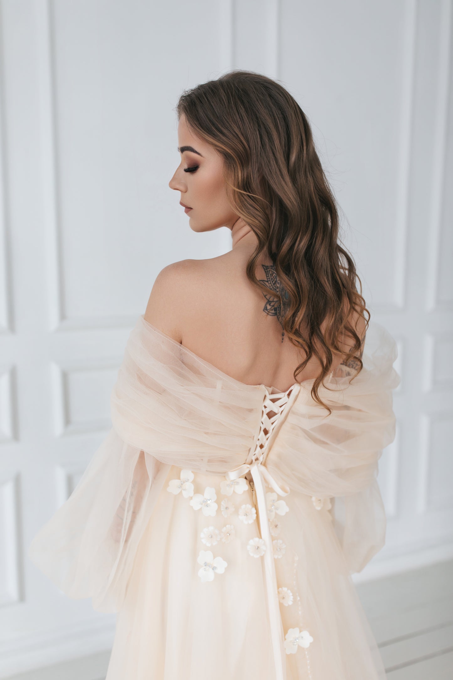 Romantic Champagne Gown With Flowers