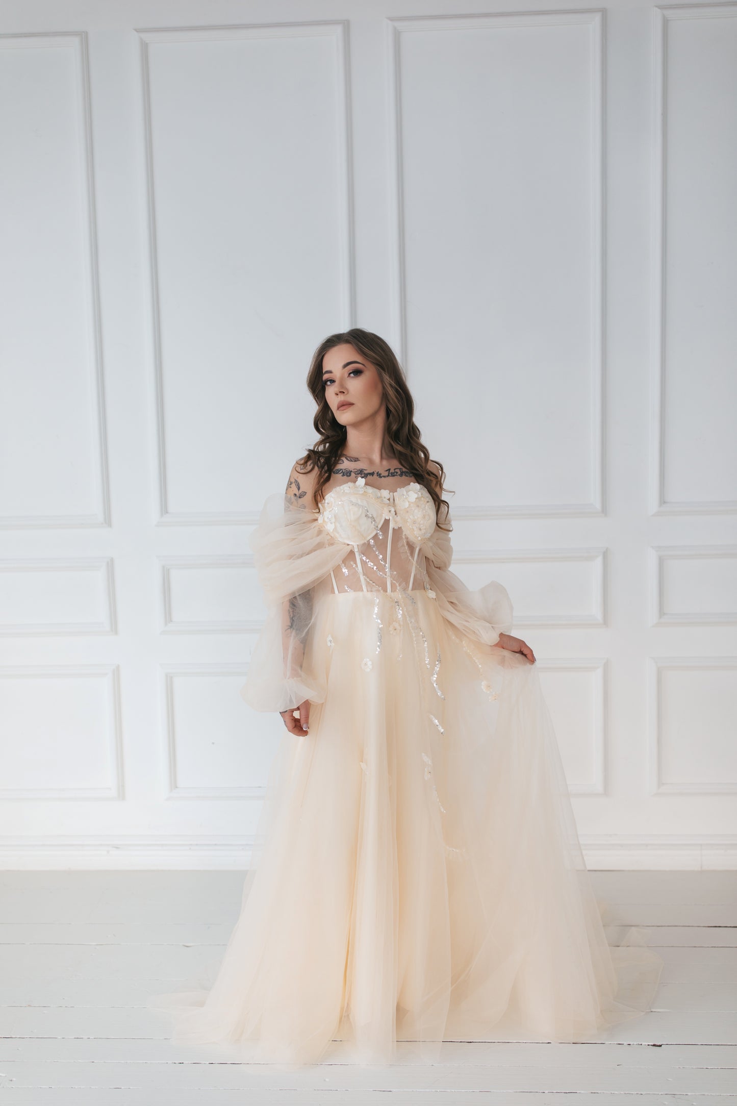 Romantic Champagne Gown With Flowers