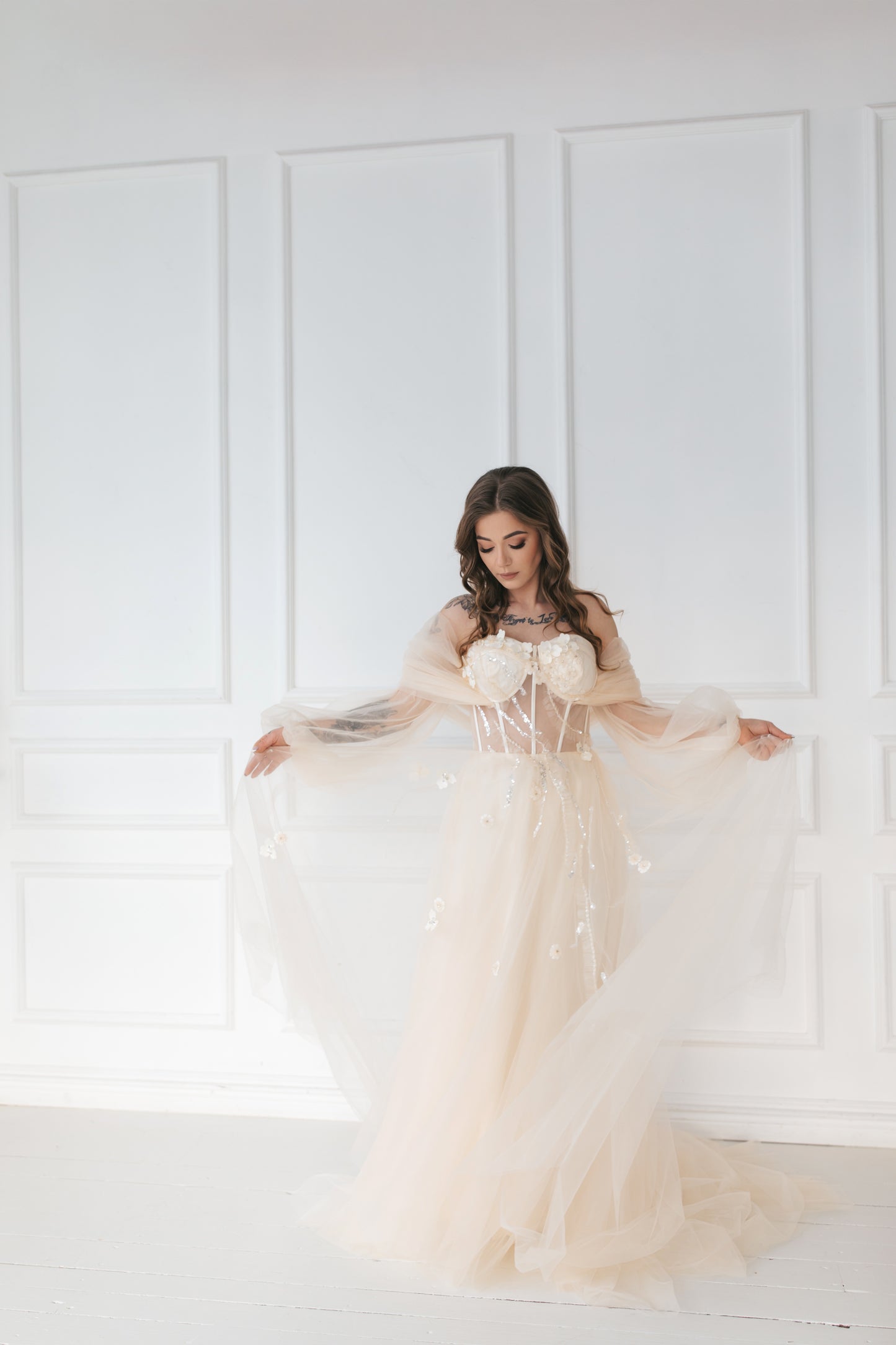Romantic Champagne Gown With Flowers