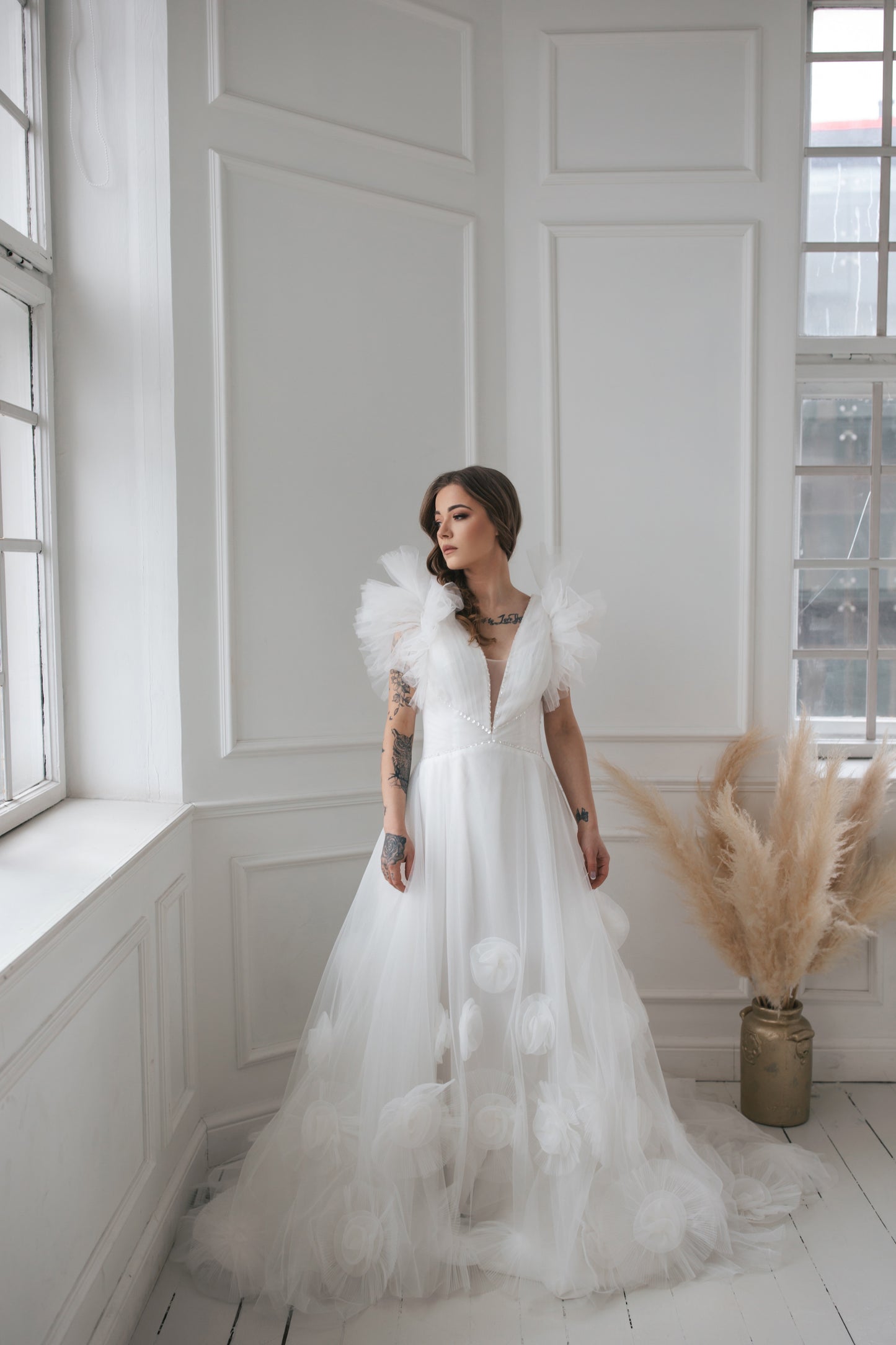 Ruffled Wedding Gown With 3D Flowers