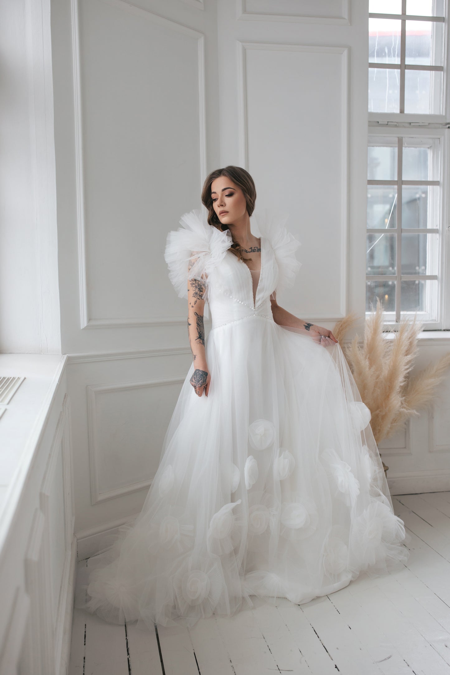 Ruffled Wedding Gown With 3D Flowers