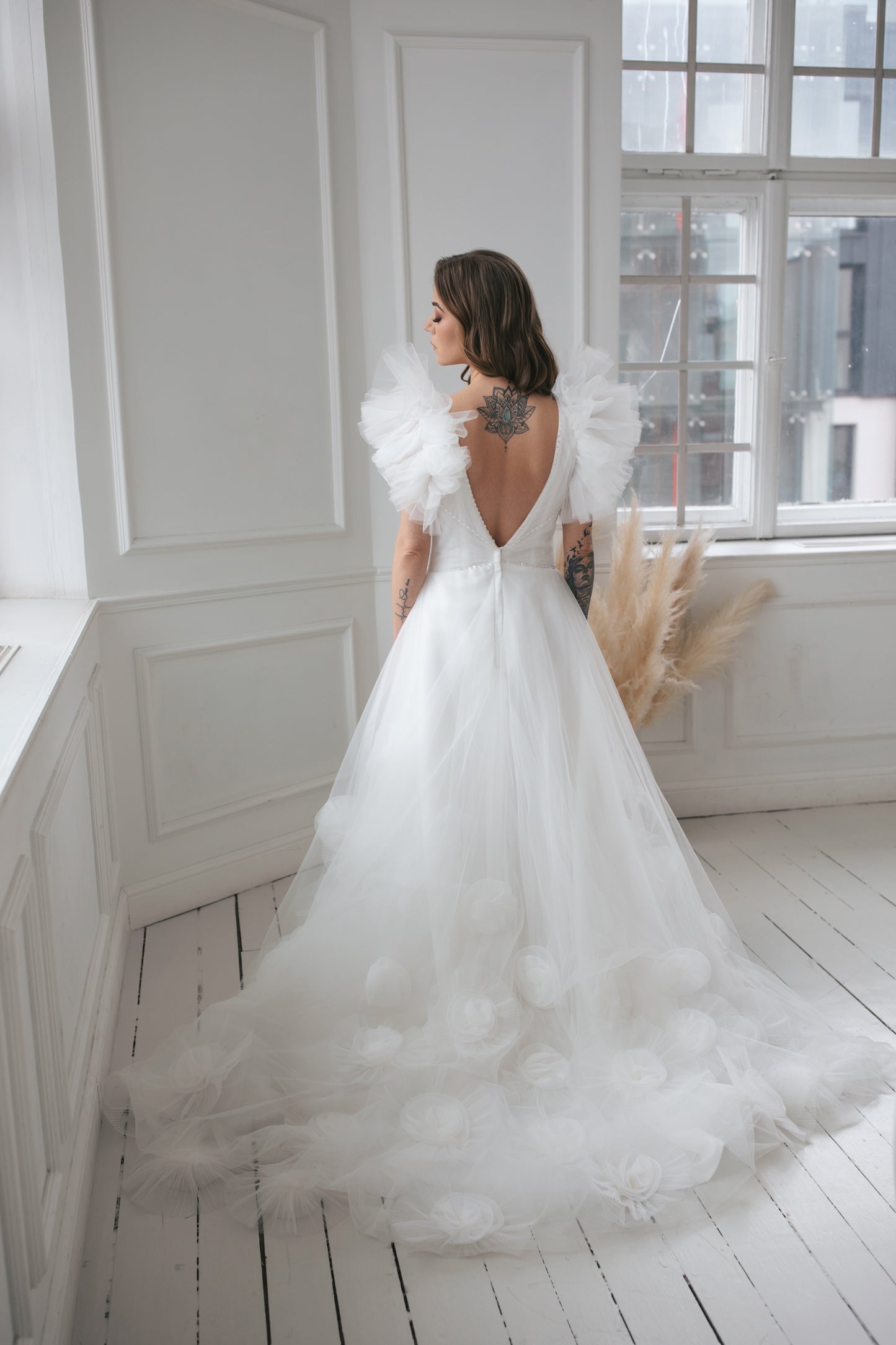 Ruffled Wedding Gown With 3D Flowers