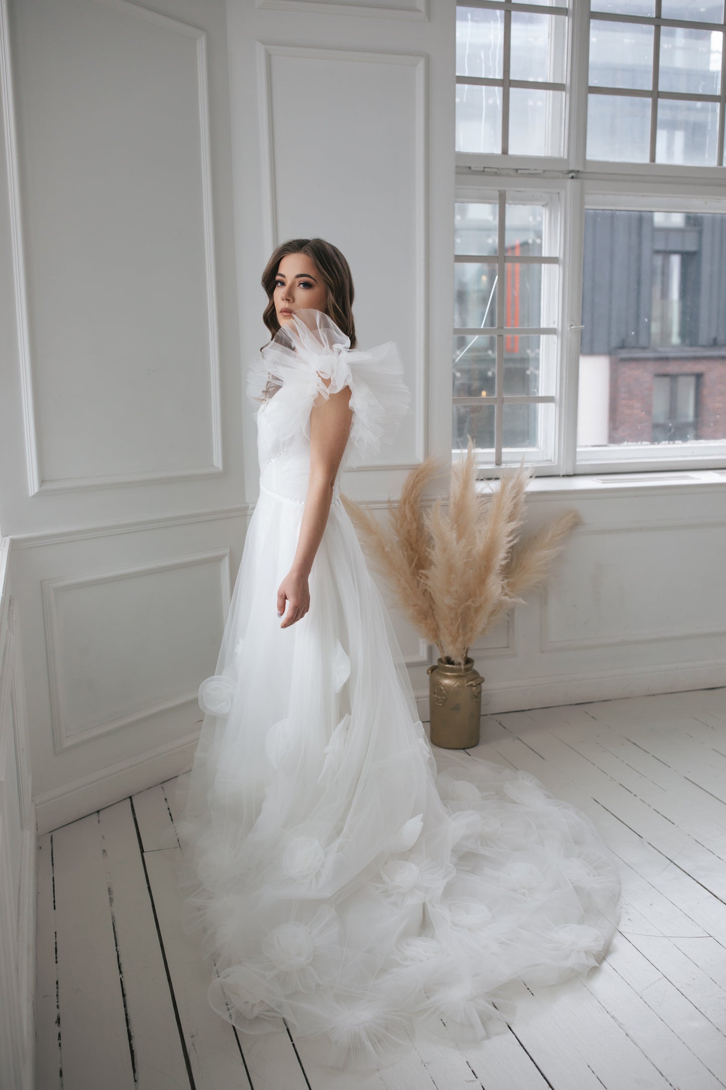 Ruffled Wedding Gown With 3D Flowers
