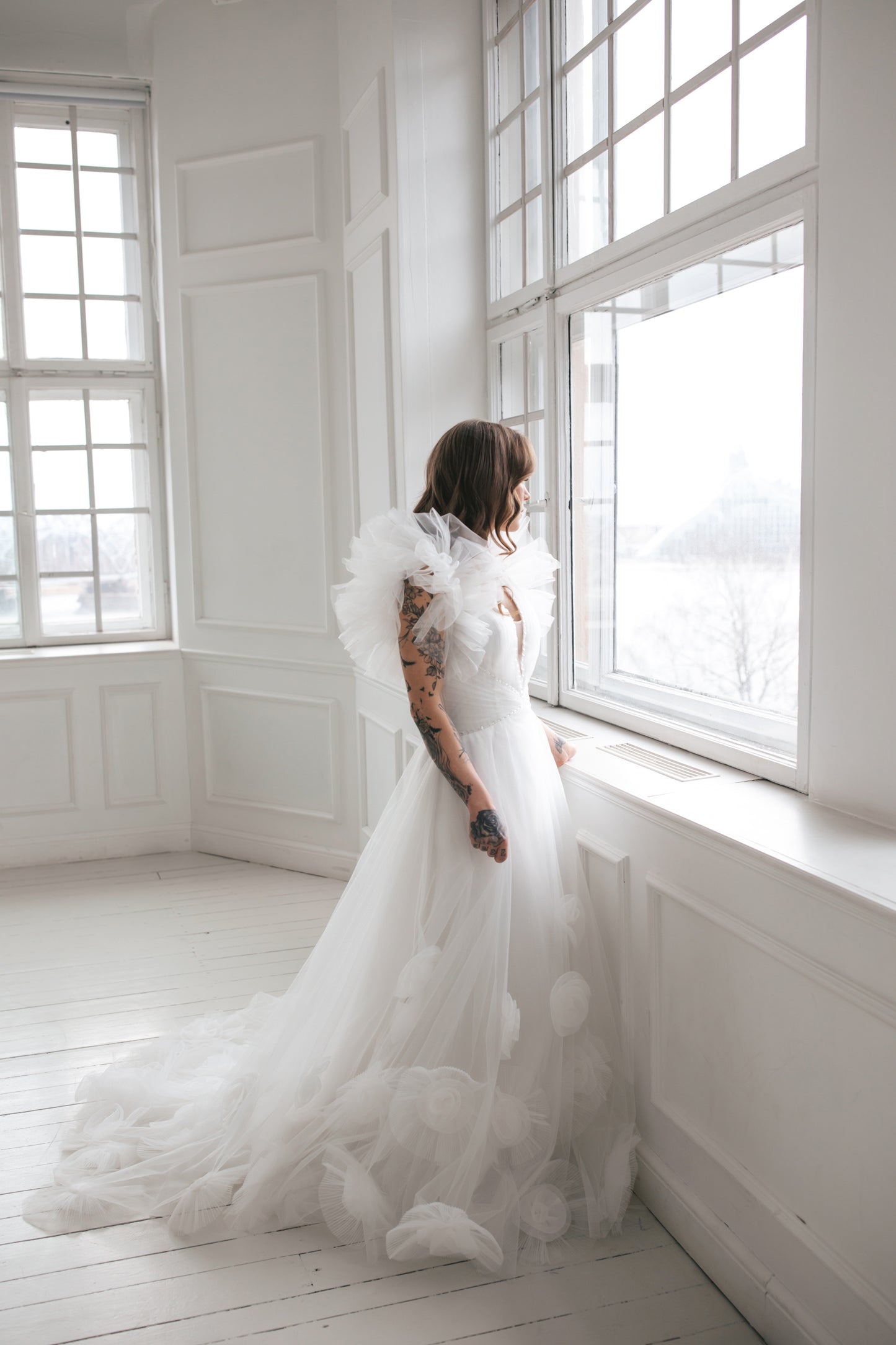 Ruffled Wedding Gown With 3D Flowers
