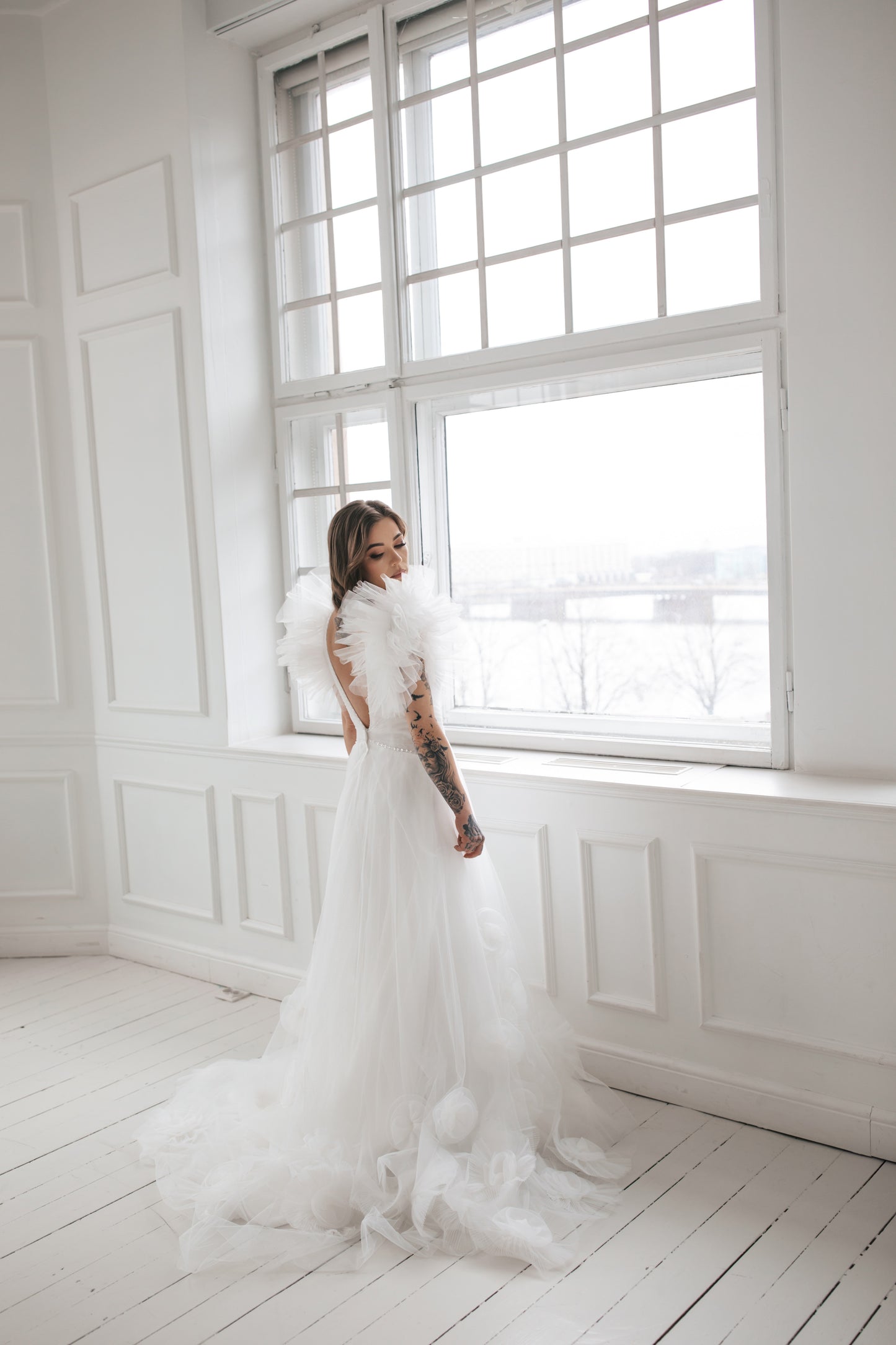 Ruffled Wedding Gown With 3D Flowers