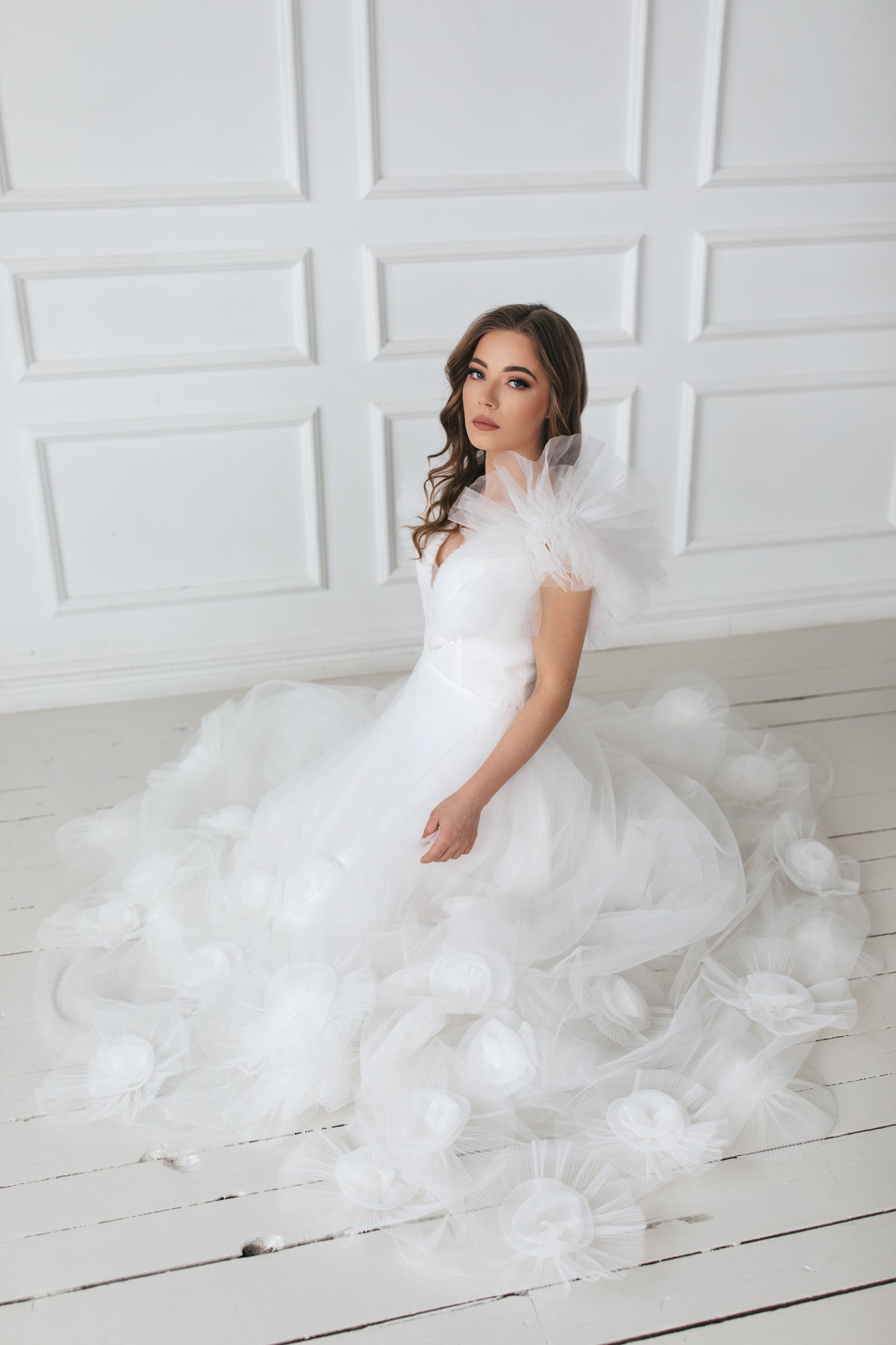 Ruffled Wedding Gown With 3D Flowers