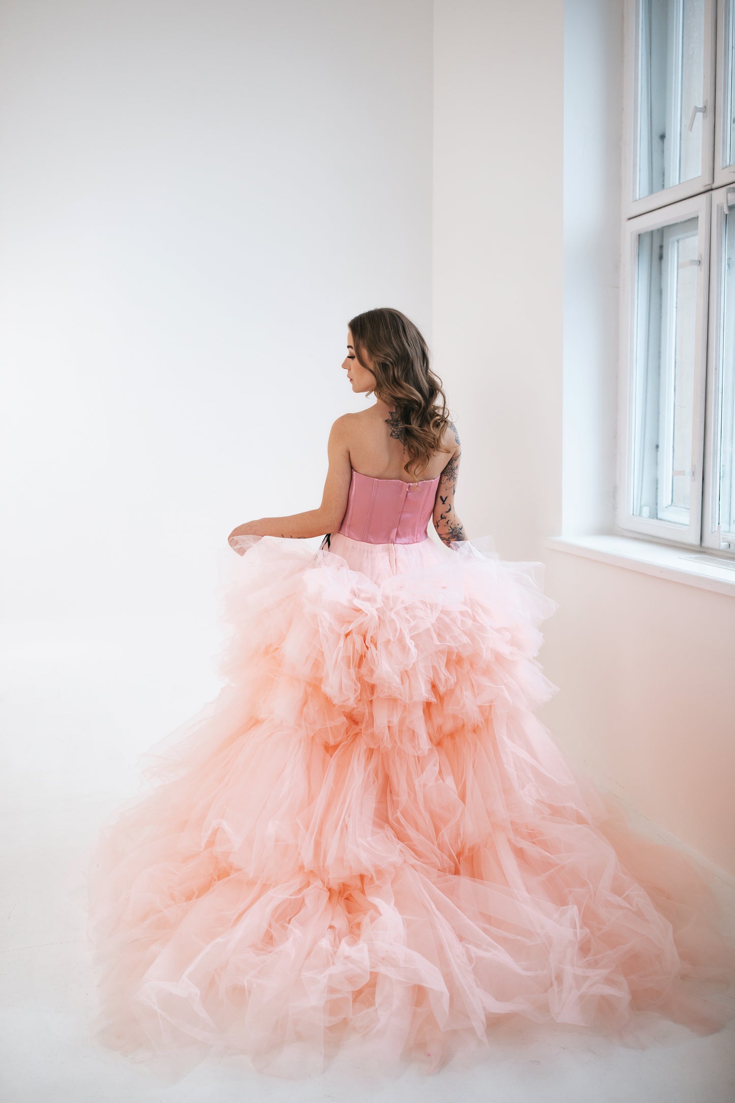 Majestic Pink Tulle Gown With Ruffles