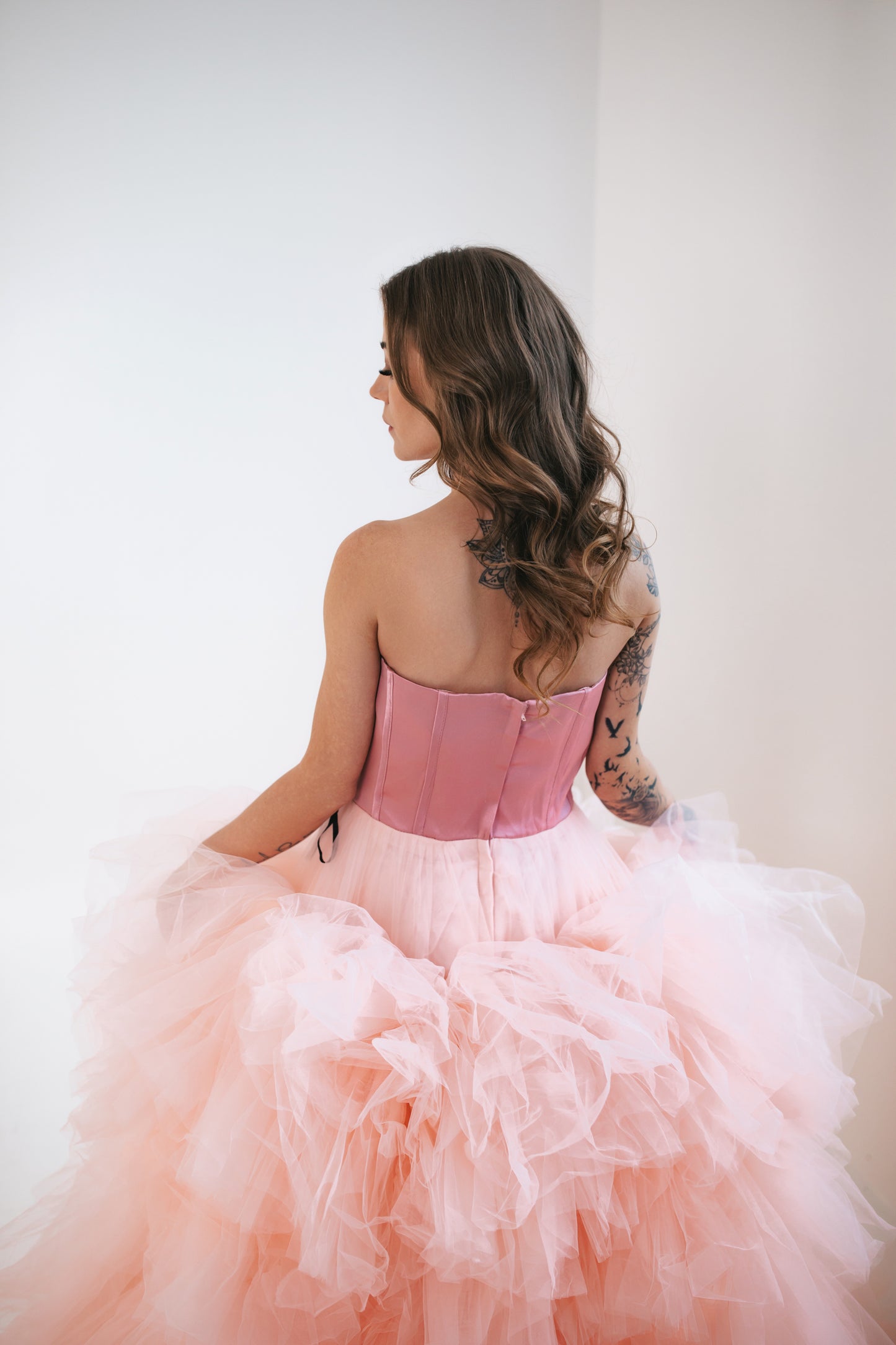 Majestic Pink Tulle Gown With Ruffles
