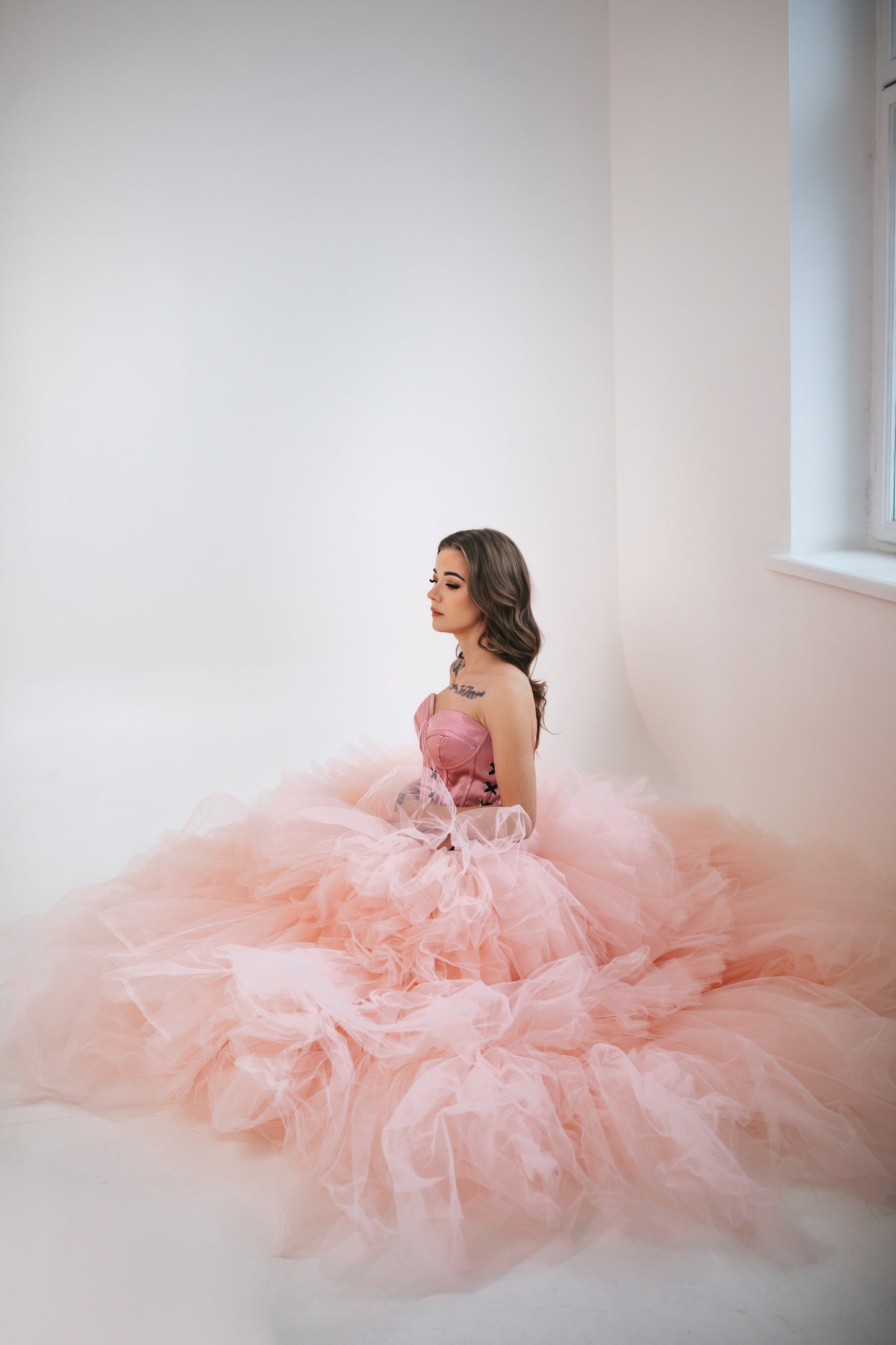 Majestic Pink Tulle Gown With Ruffles