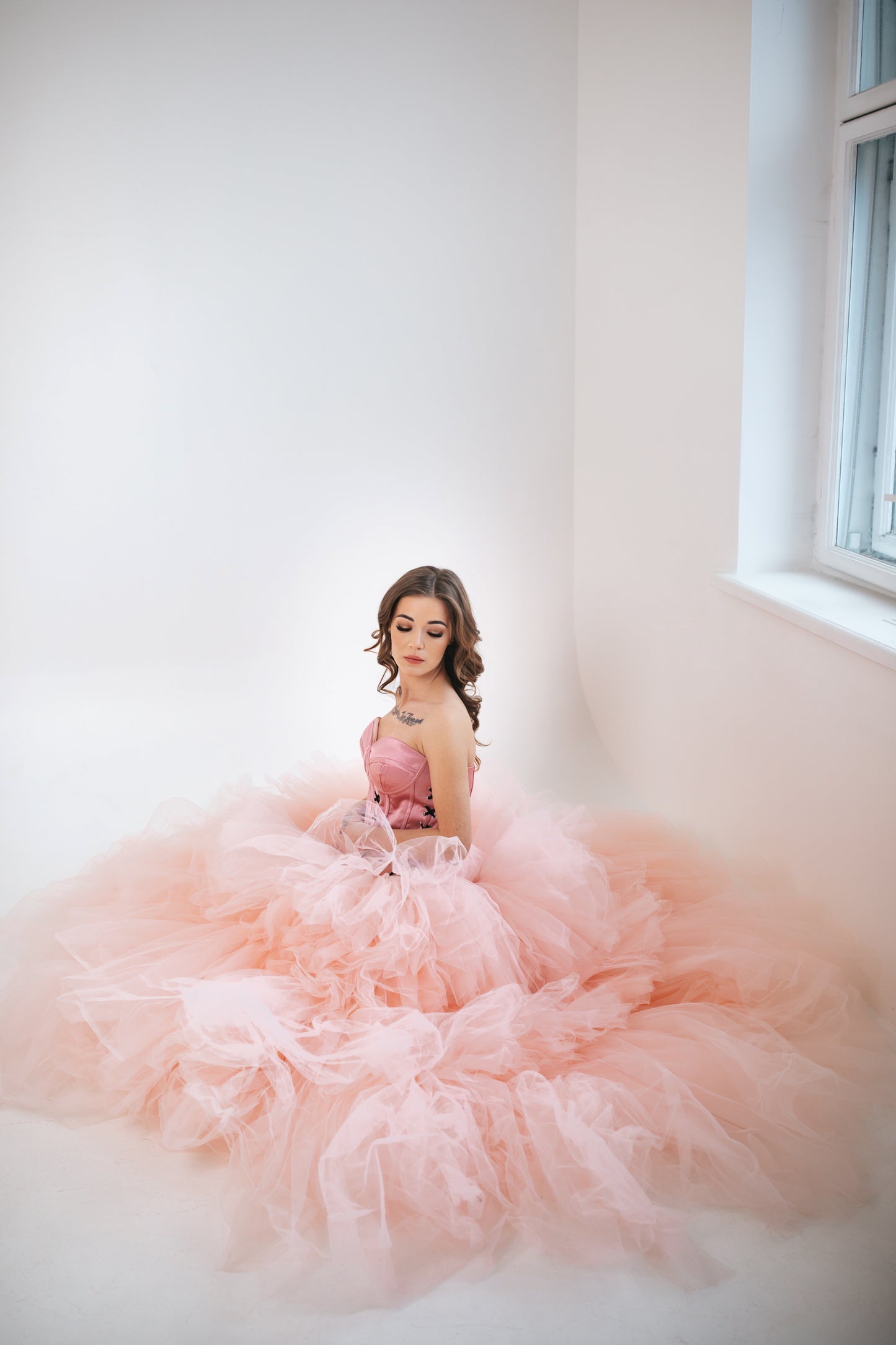 Majestic Pink Tulle Gown With Ruffles